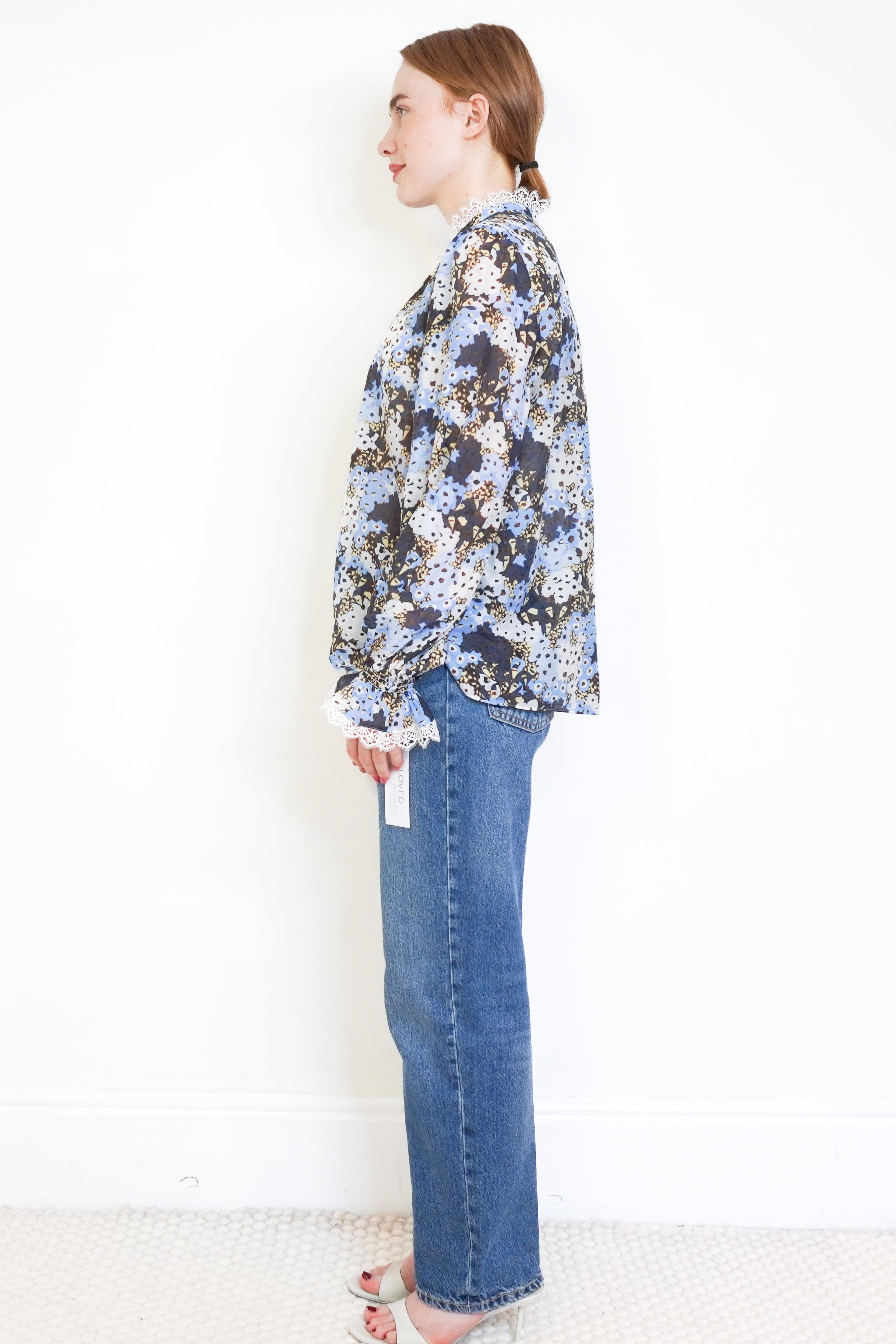 ME+EM Blue Frill Floral Blouse side photo chelsea london