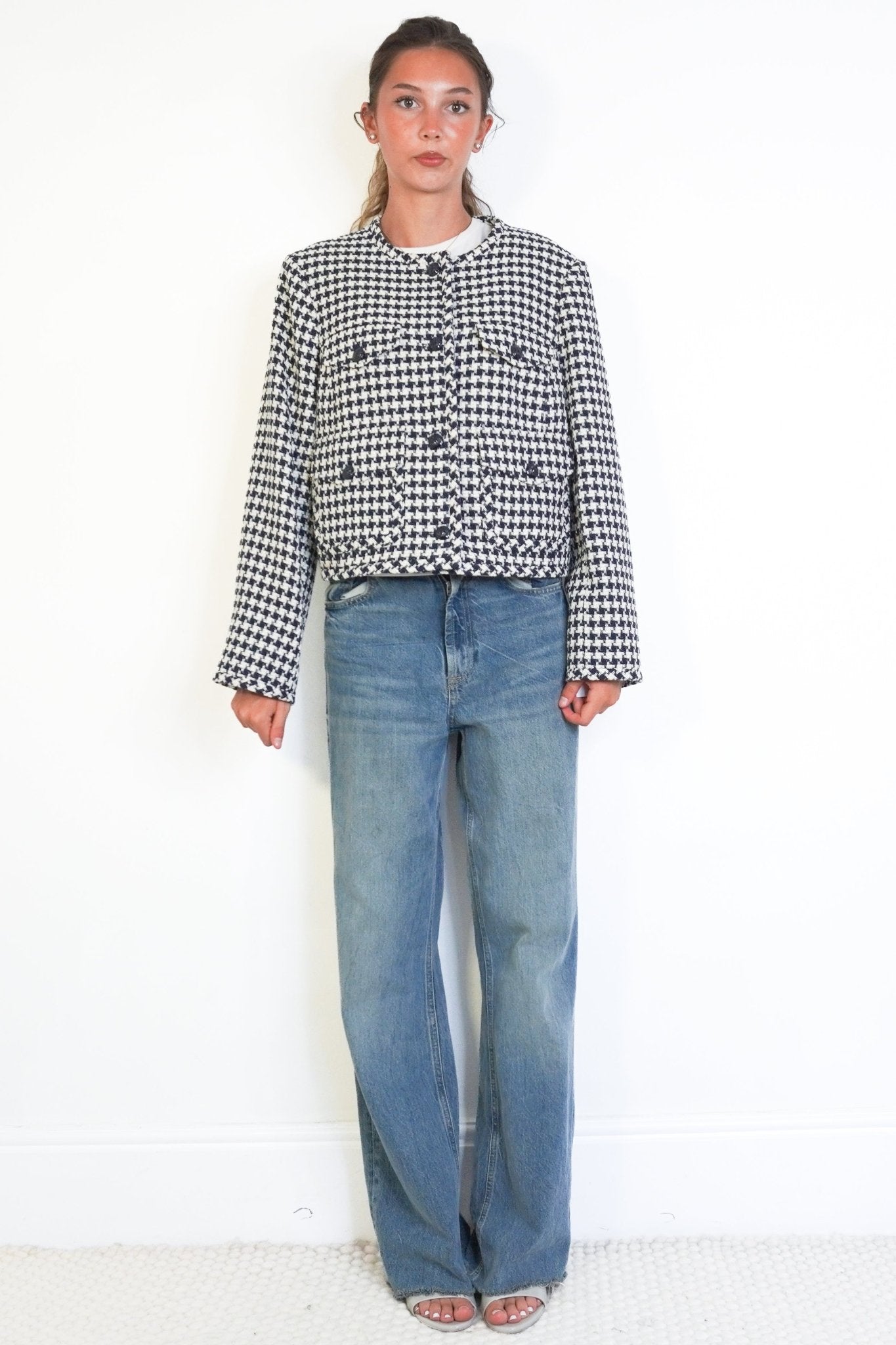 ME+EM Houndstooth Box Jacket in Navy & Cream (RRP £250) | Authentic Preloved - Reloved Again