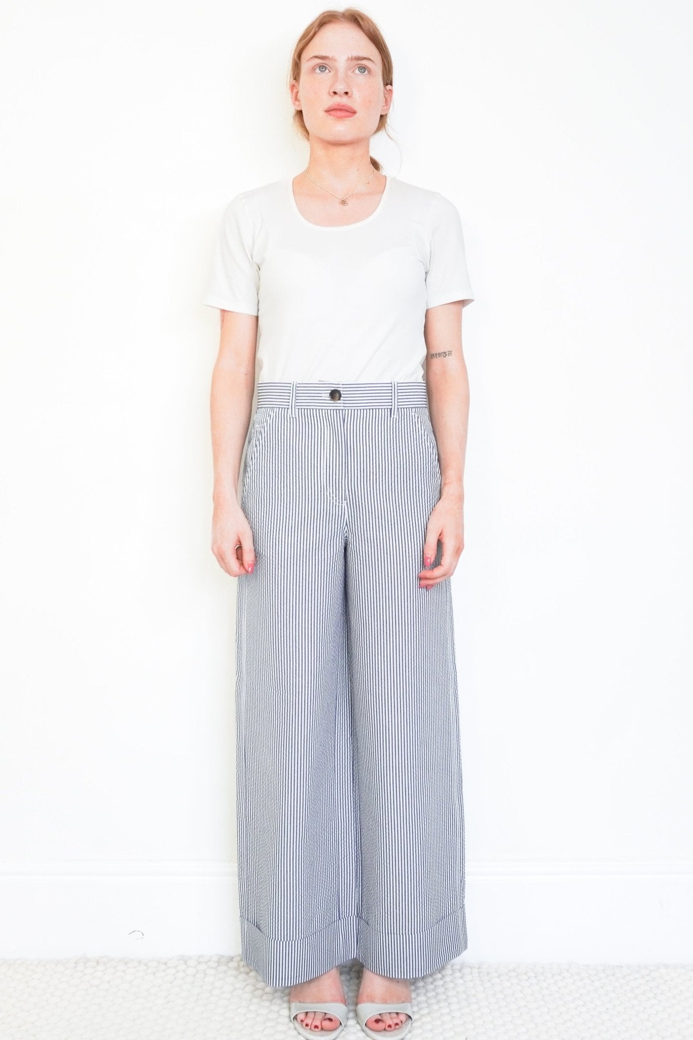 ME+EM White and Blue Pinstripe Trousers (RRP £350) | Authentic Preloved - Reloved Again