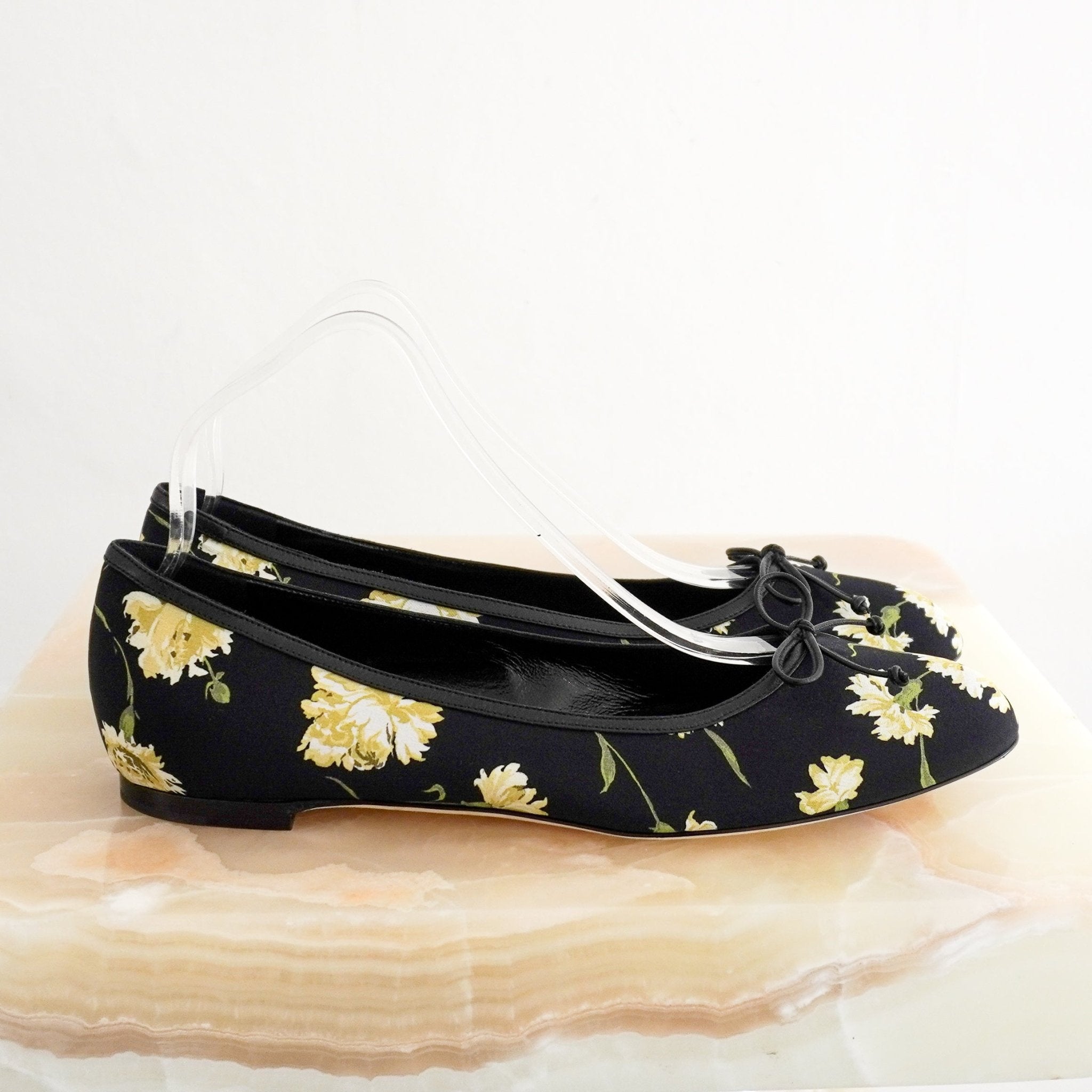 Manolo Blahnik Verallim 10 Black Floral-Print Satin Ballet Flats (RRP £750) | Authentic Preloved - Reloved Again