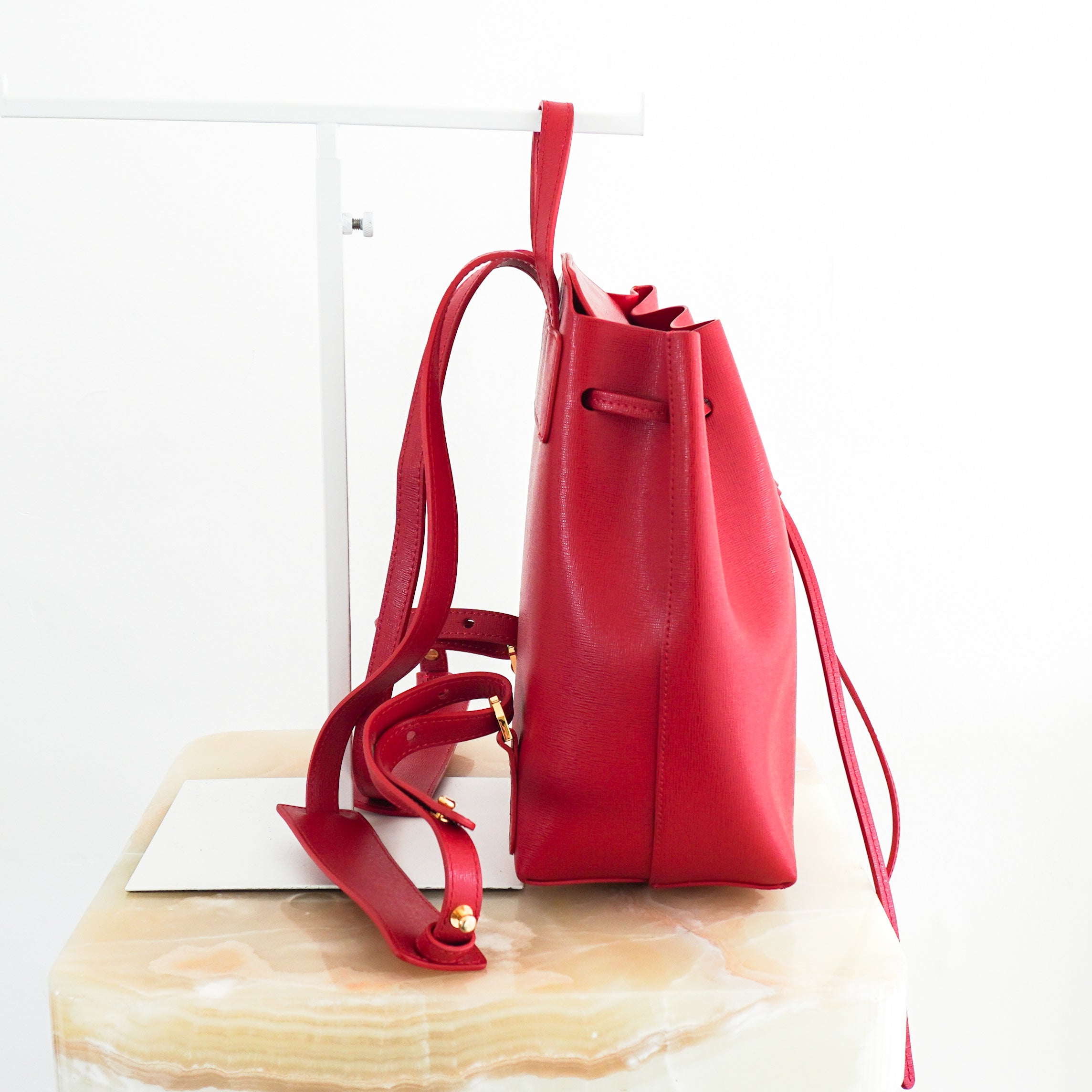 Mansur-Gavriel-Red-Leather-Backpack-side-picture-Chelsea-London