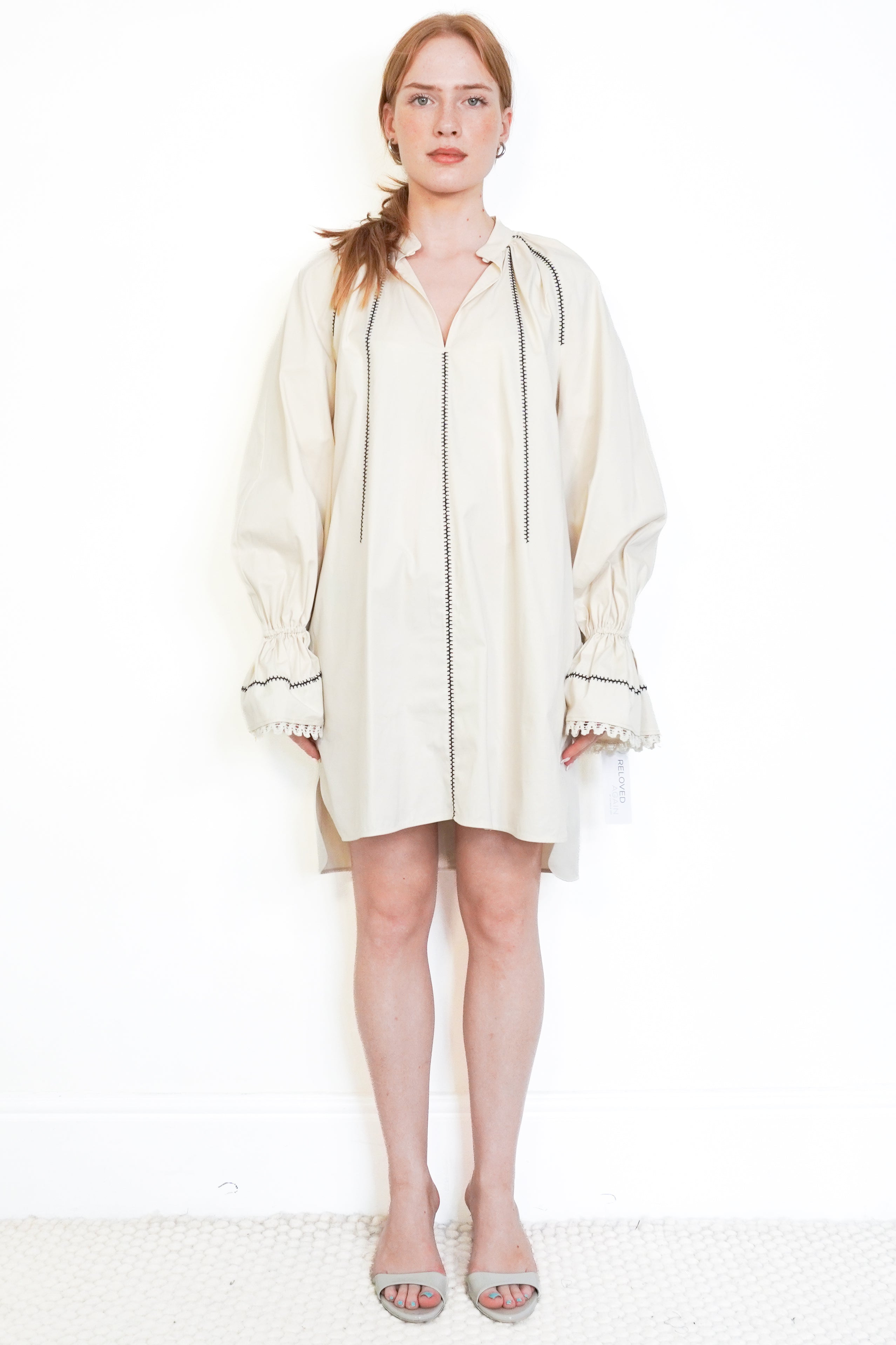 Max Mara Cream Embroidered Pom-Pom Tie Mini Dress front photo chelsea london