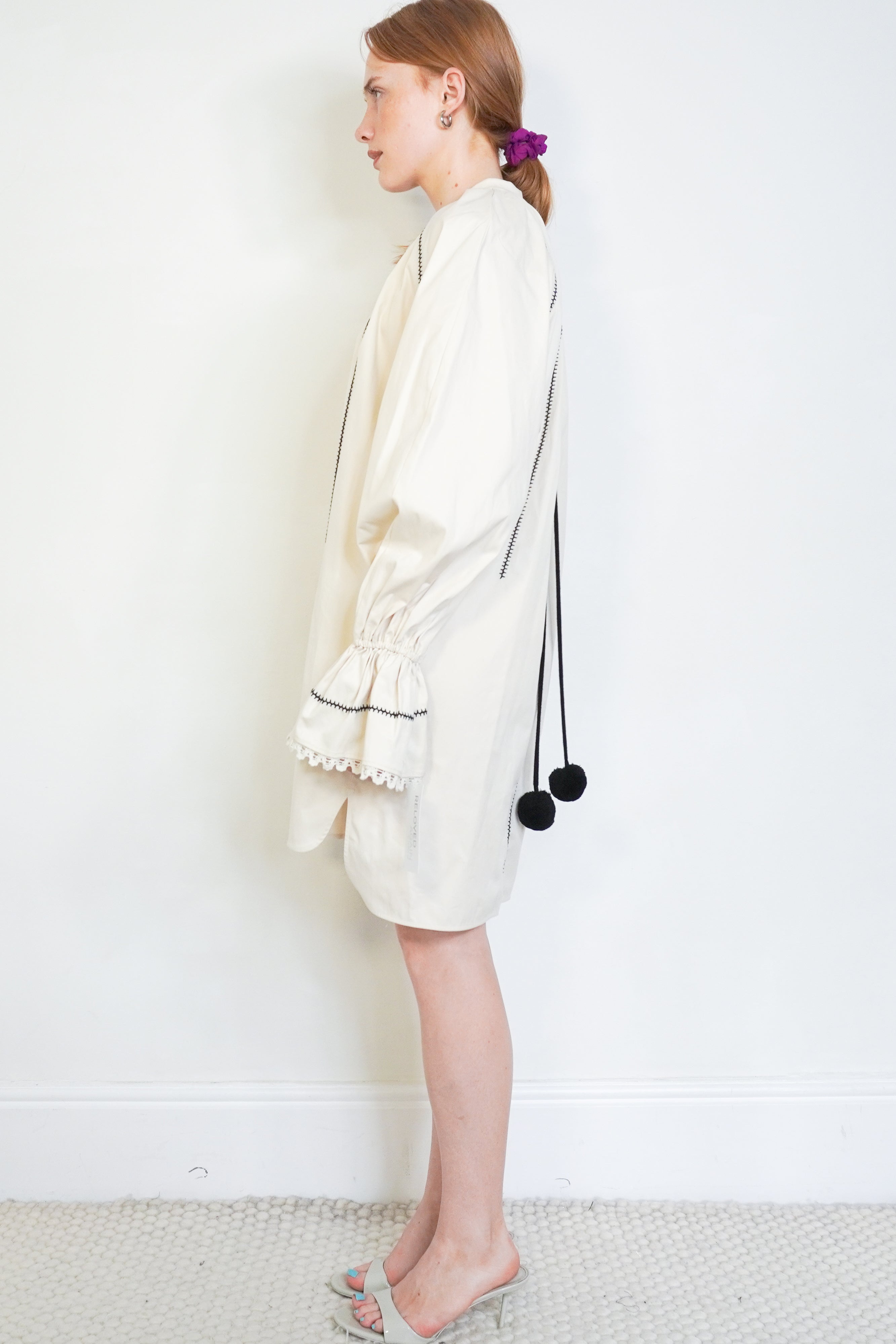 Max Mara Cream Embroidered Pom-Pom Tie Mini Dress side photo chelsea london