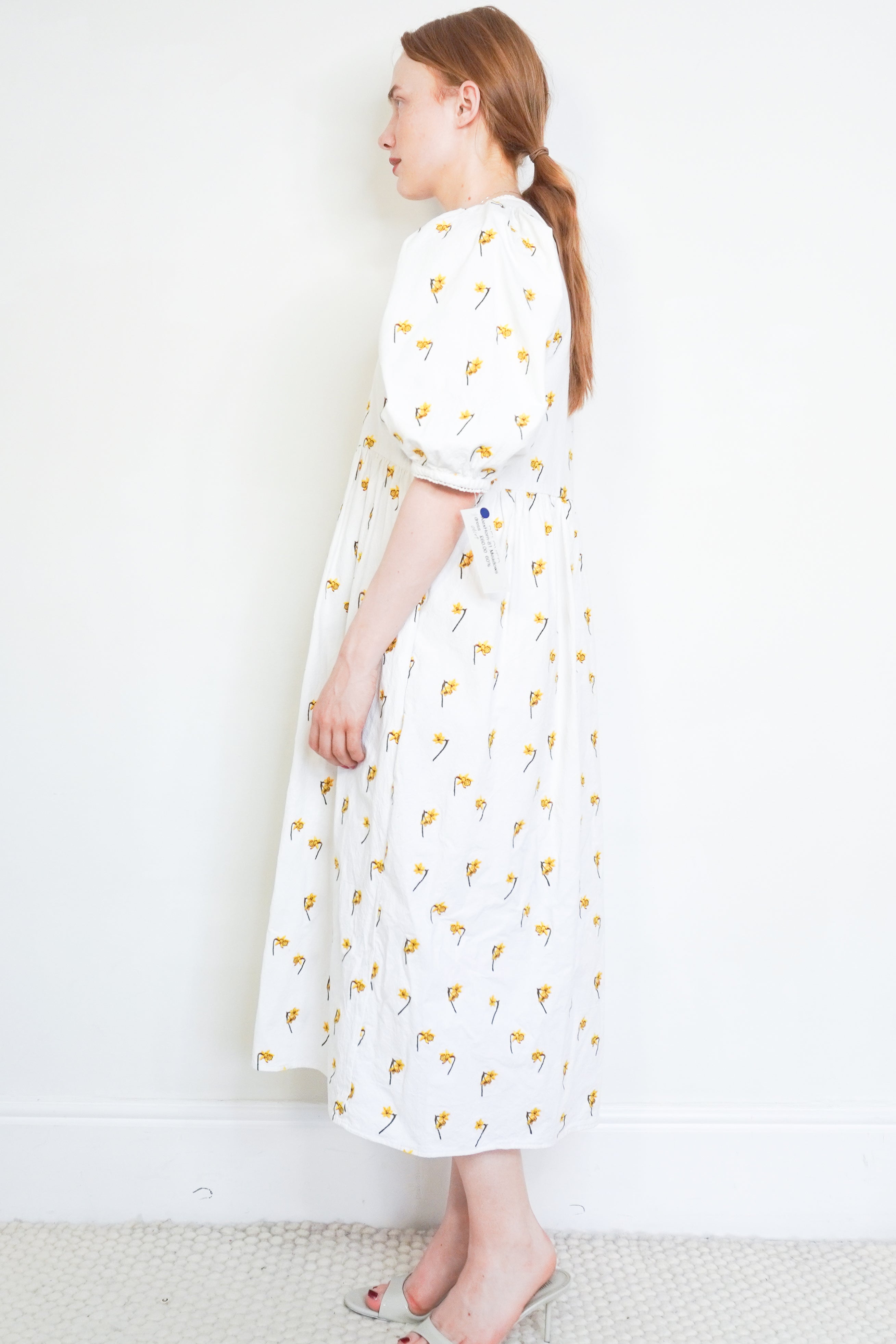 Meadows White Dress with Yellow Flowers side photo chelsea london