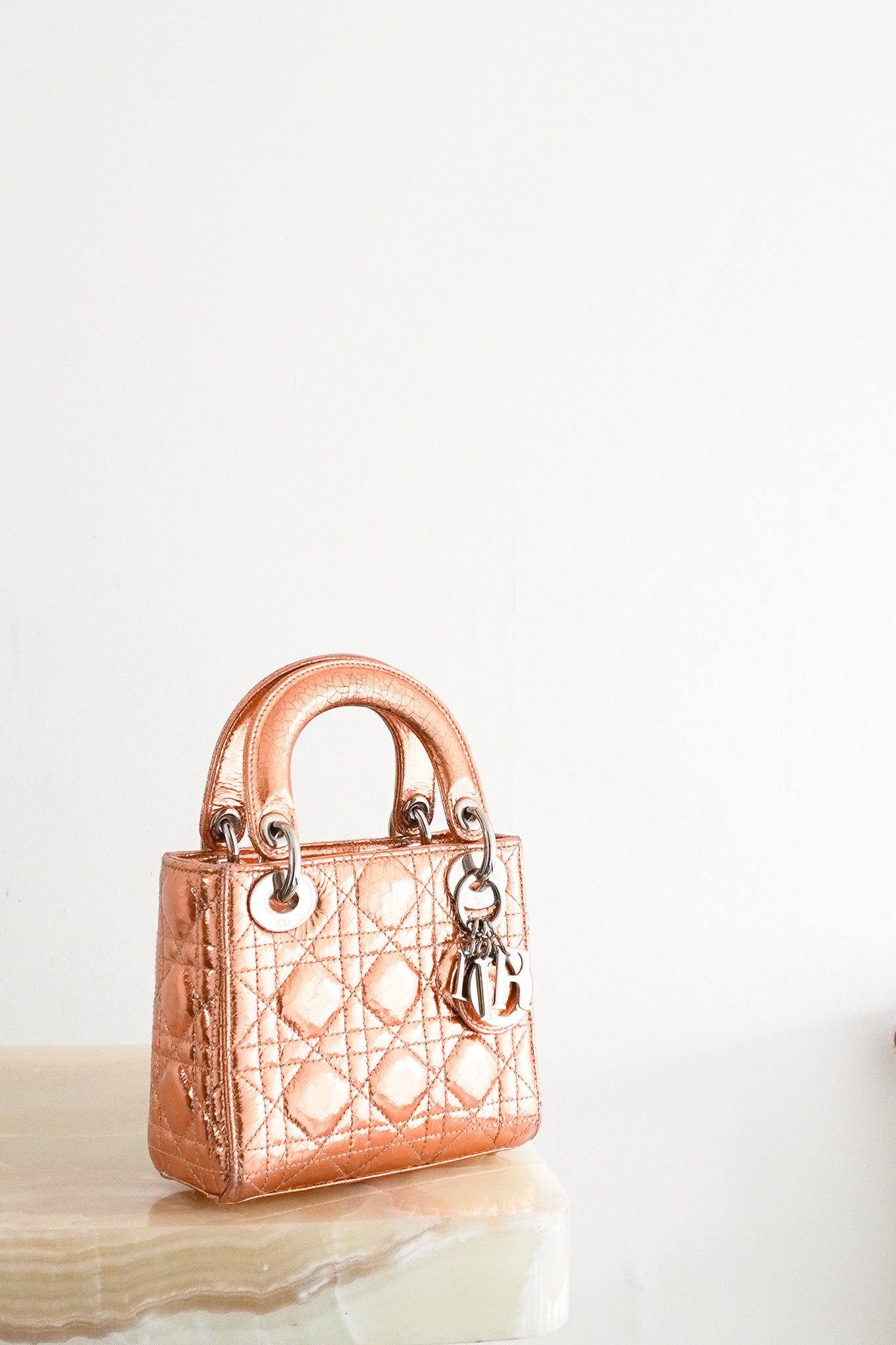 Mini-Lady-Dior-Bag-in-Rose-Gold-Front-Picture-chelsea-london