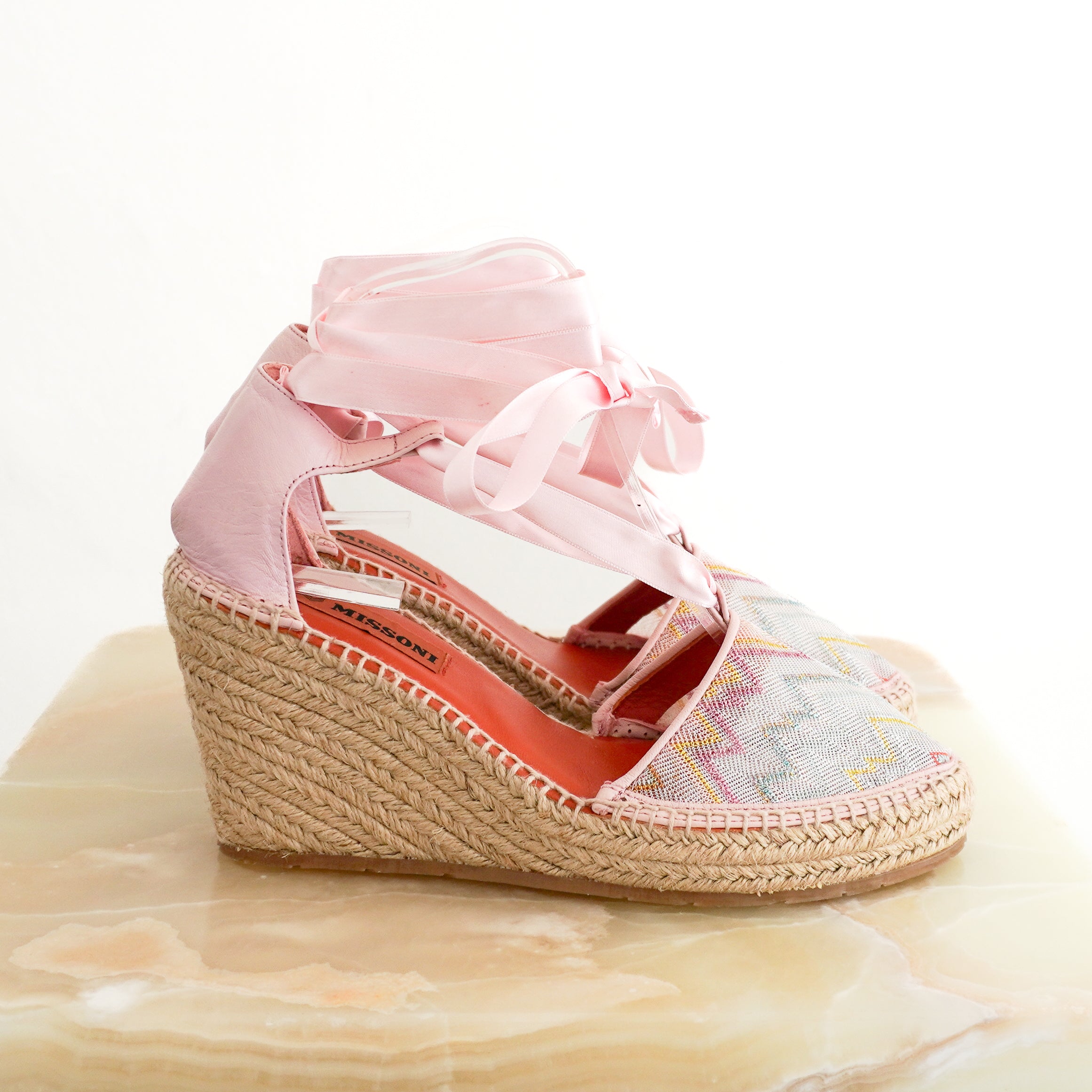 Missoni Pink Chevron Fabric Wedge Espadrilles side photo chelsea london