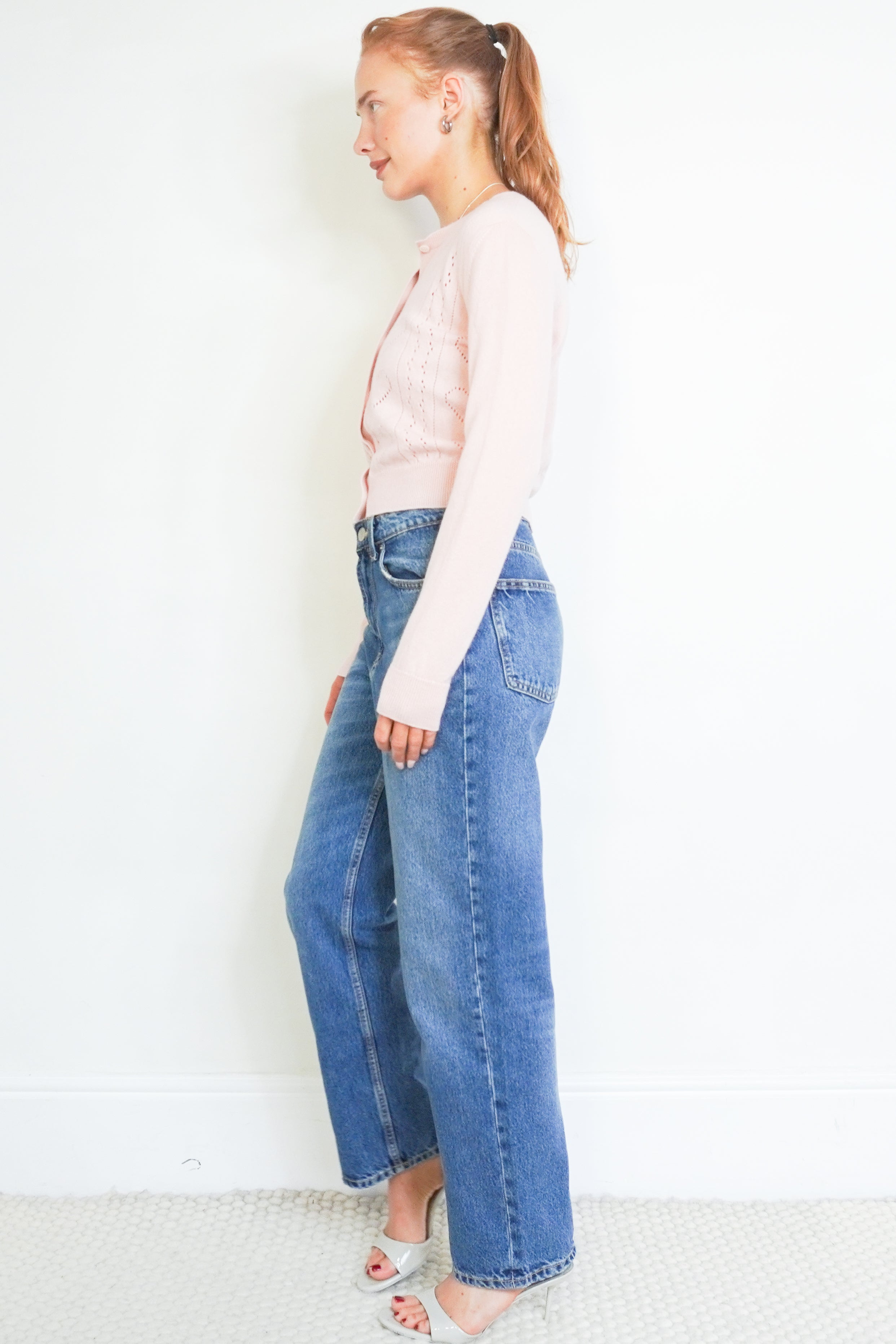 Miu Miu Pink Heart Pointelle Cardigan side photo chelsea london