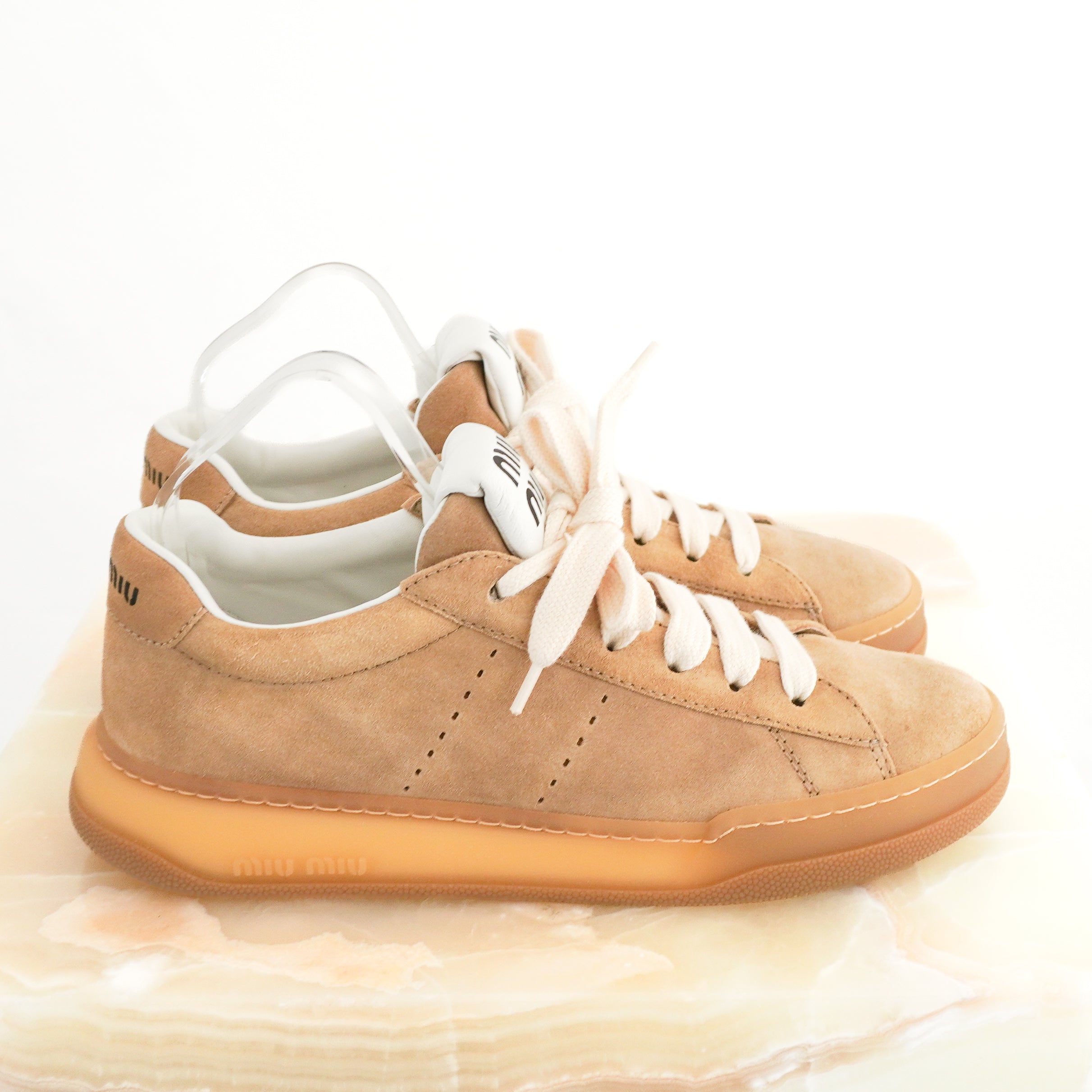 Miu Miu Plume Beige Suede Low-Top Sneakers side photo chelsea london