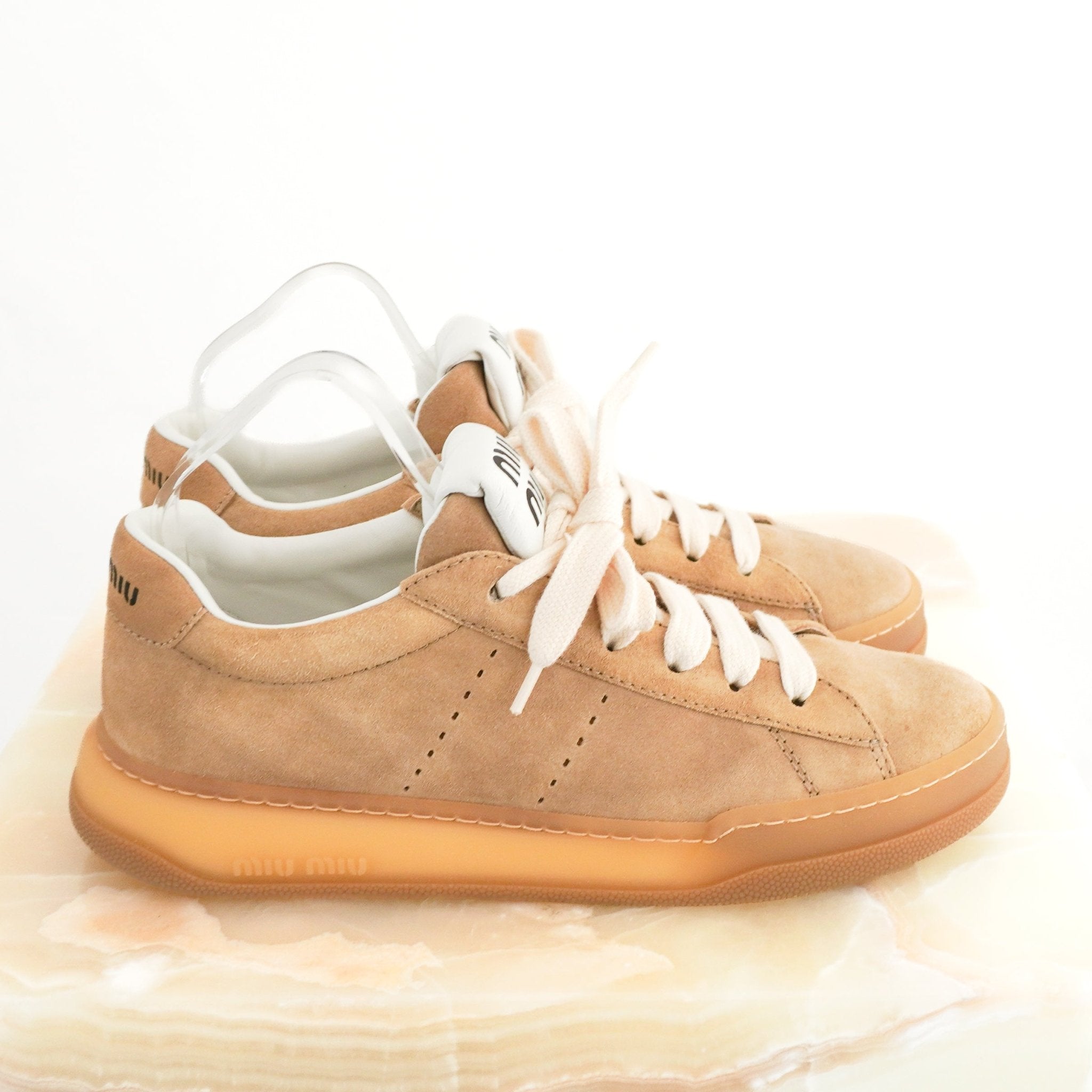 Miu Miu Plume Beige Suede Low-Top Trainers (RRP £620) | Authentic Preloved - Reloved Again
