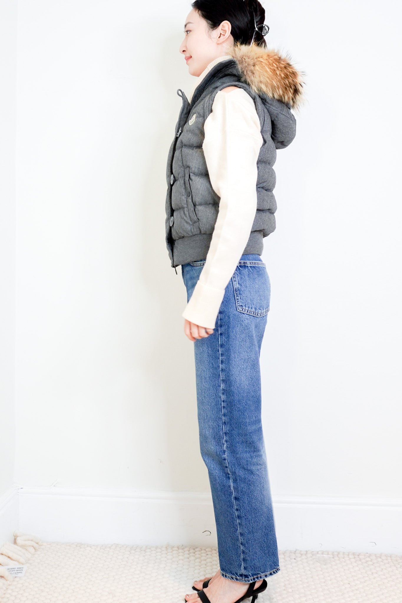 Moncler Grey Padded Sleeveless Gilet with Fur Hood RRP £1000 | Authentic Preloved - Reloved Again