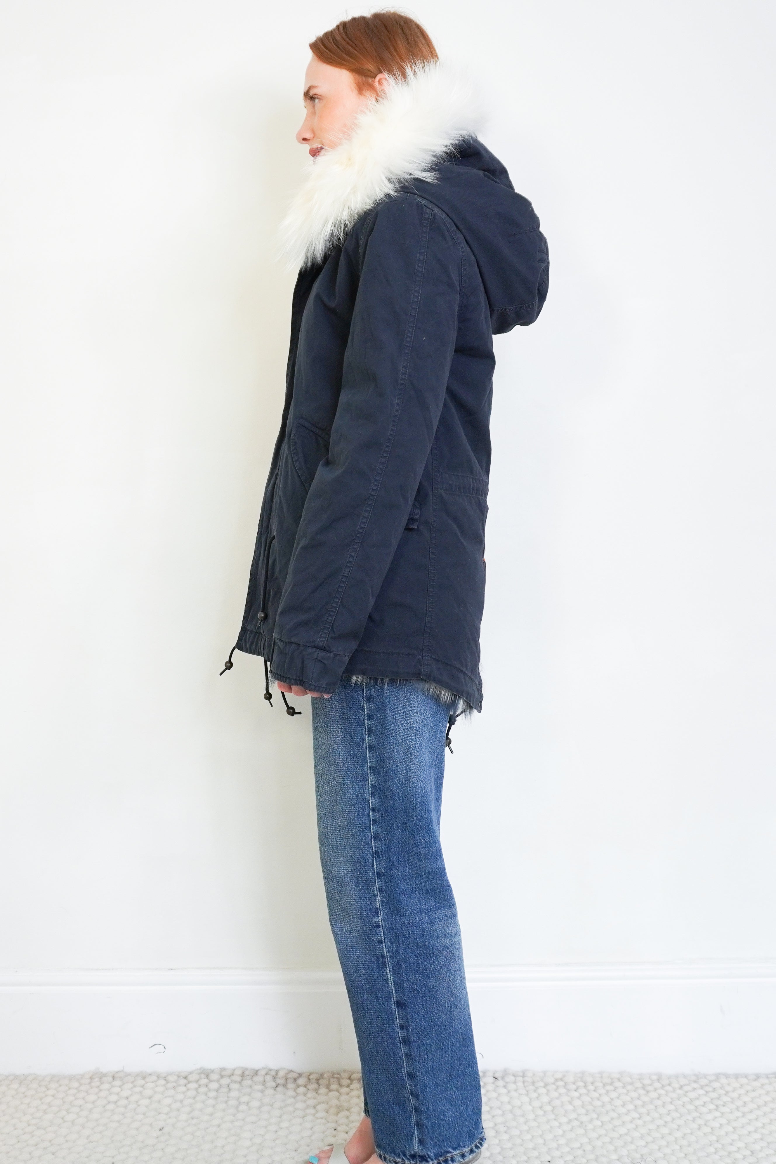 Mr & Mrs Italy Navy Cotton Canvas Fur-Lined Mini Parka with White Fur Hood side photo chelsea london
