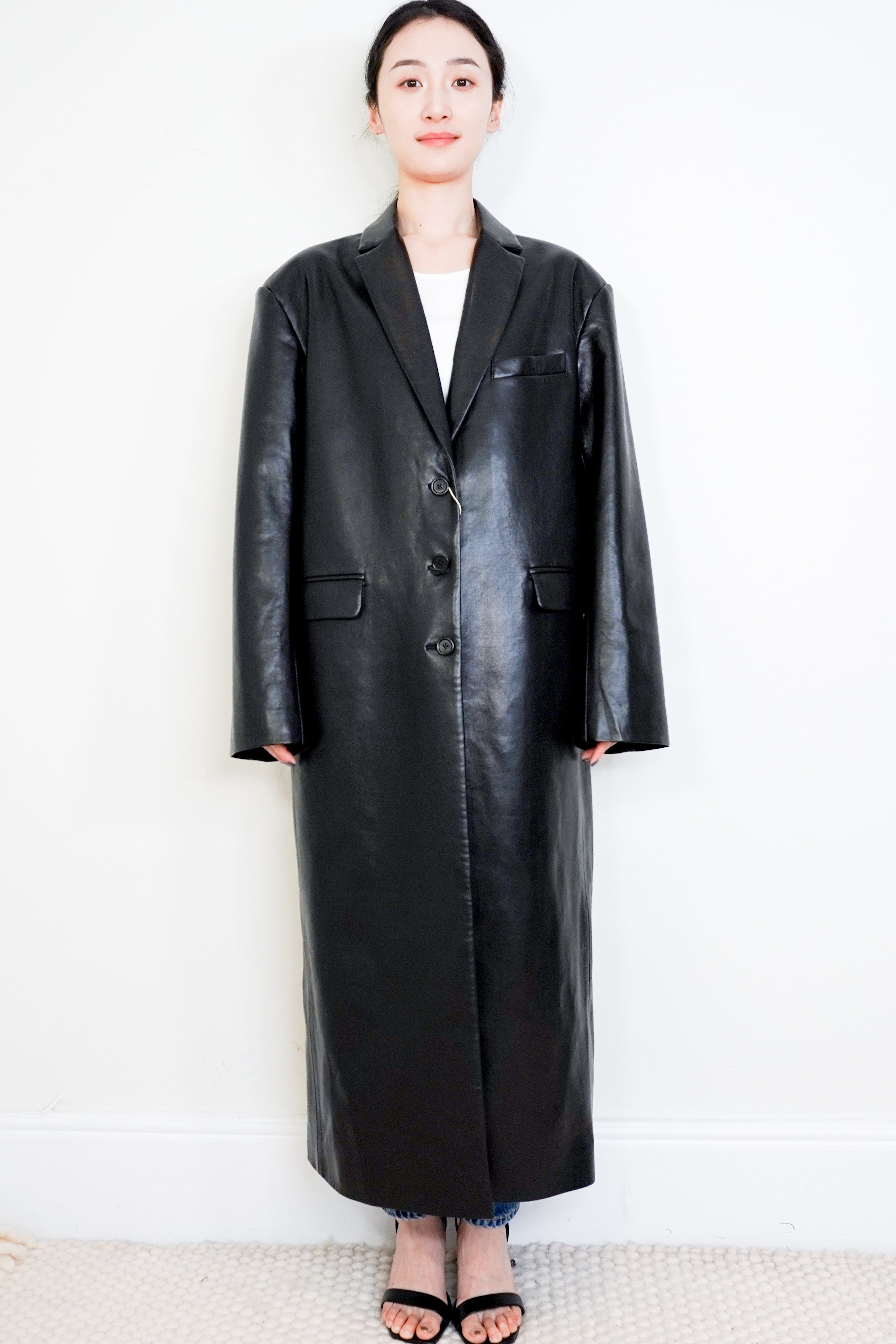 NEW-Anine-Bing-Black-Faux-Leather-Overcoat-front-picture-Chelsea-London