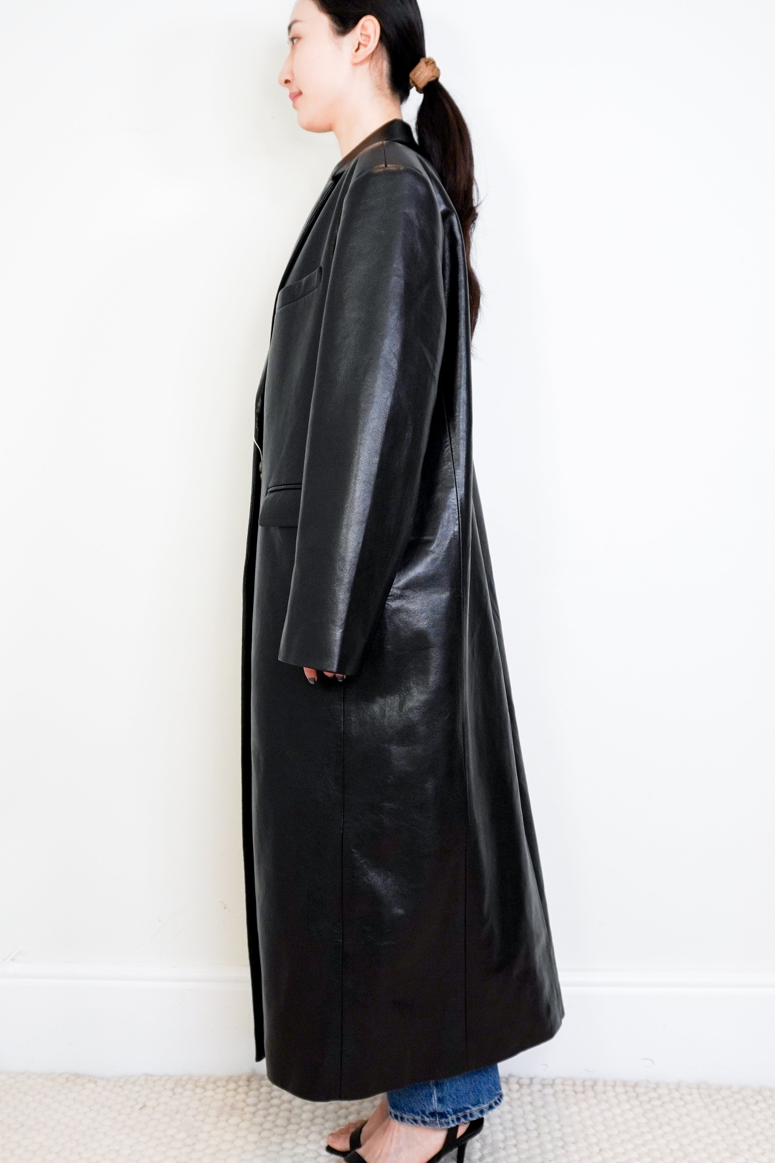 NEW-Anine-Bing-Black-Faux-Leather-Overcoat-side-picture-Chelsea-London