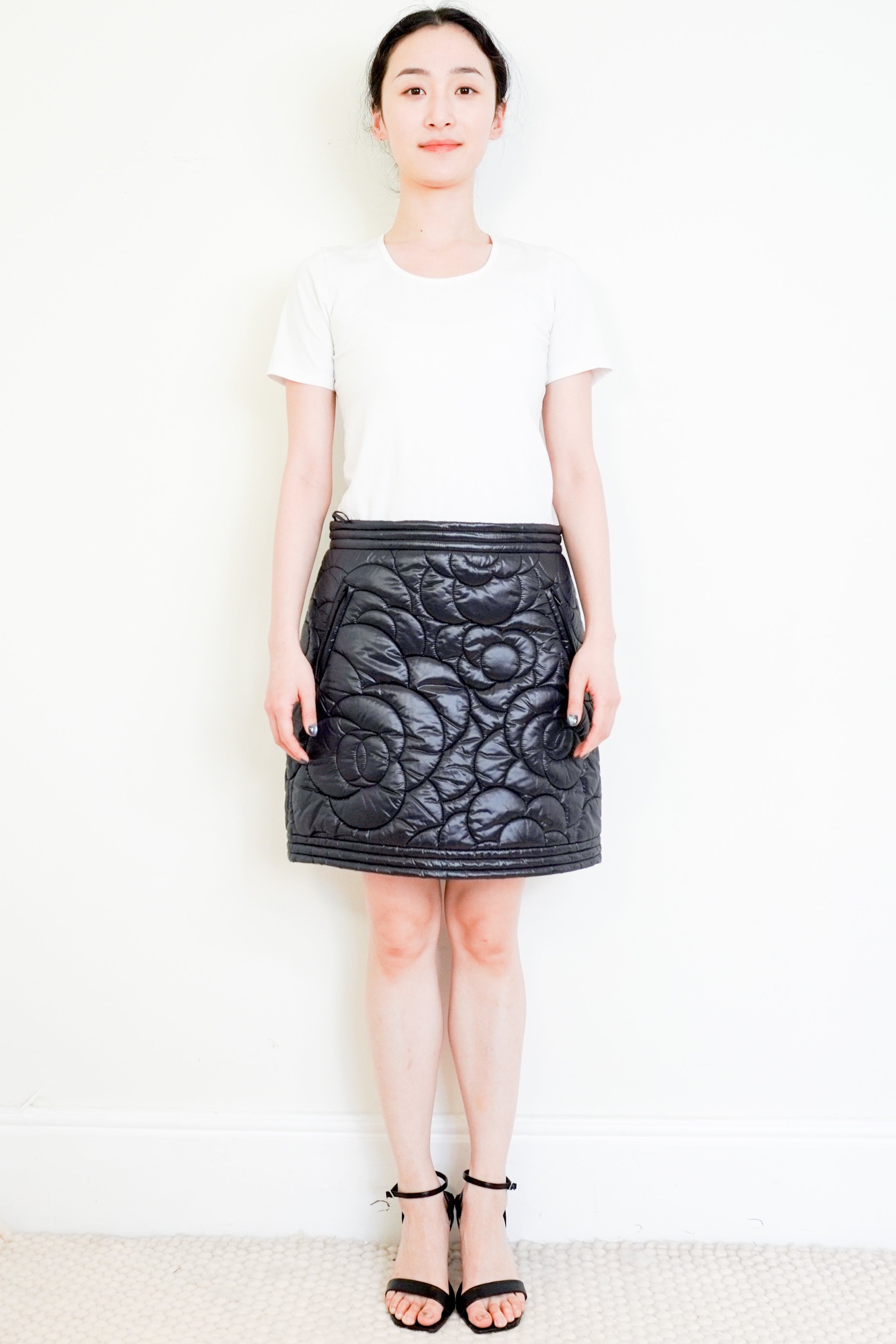 NEW-Chanel-Black-Padded-Camelia-Skirt-front-picture-Chelsea-London