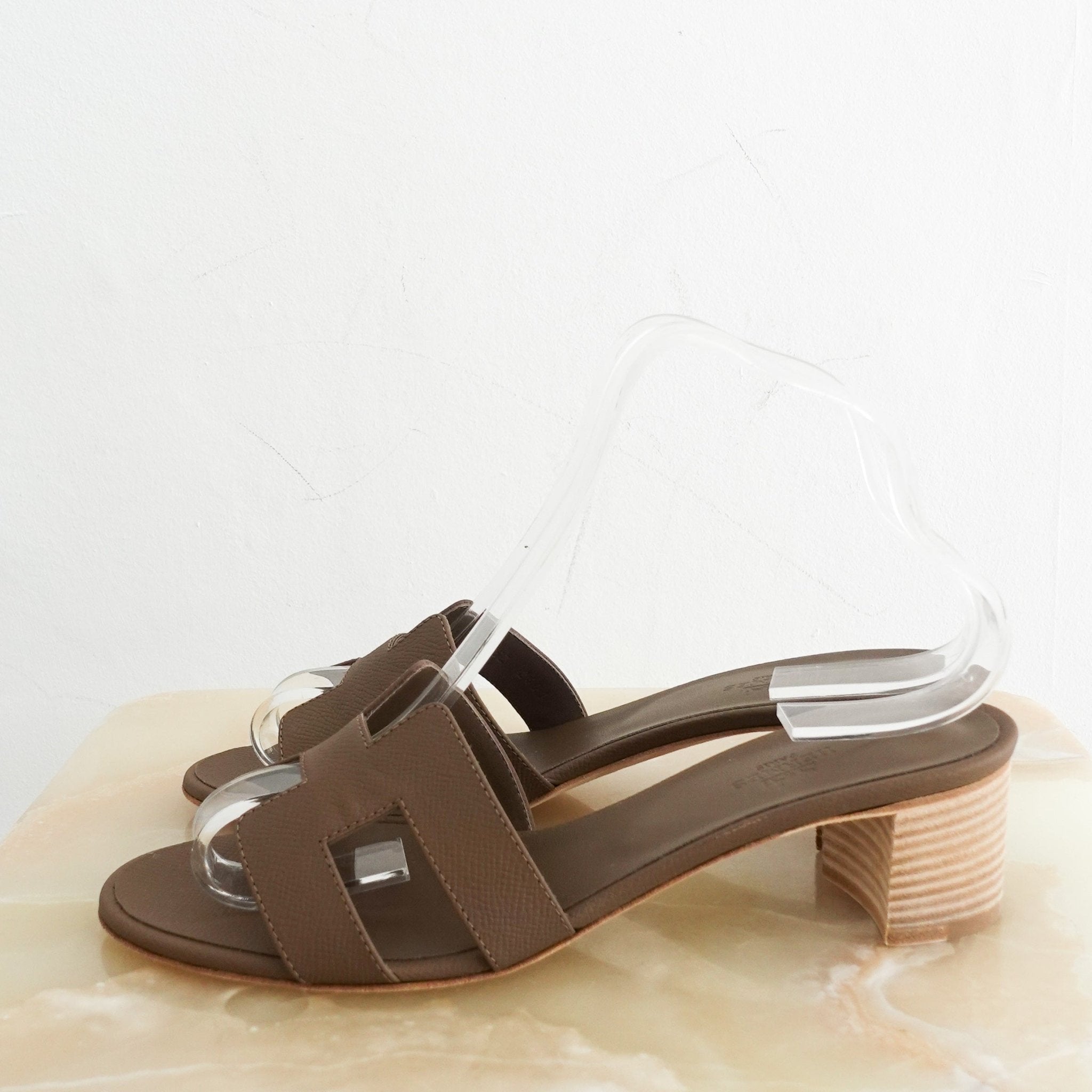 NEW Hermes Brown Oasis Calfskin Heeled Sandals in Etoupe RRP £650 | Authentic Preloved - Reloved Again