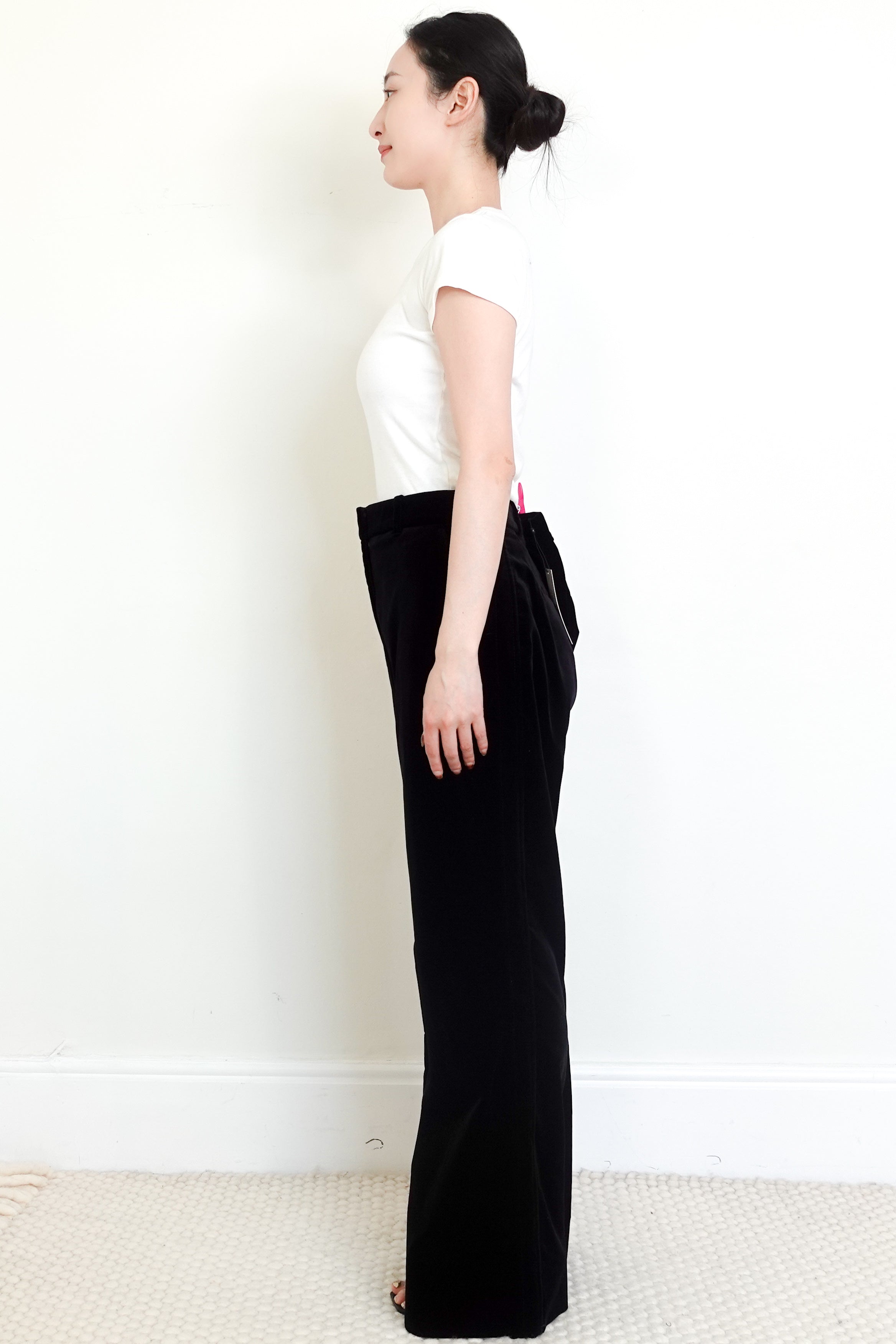 NEW-ME+EM-Black-Italian-Velvet-Flare-Trousers-side-picture-Chelsea-London