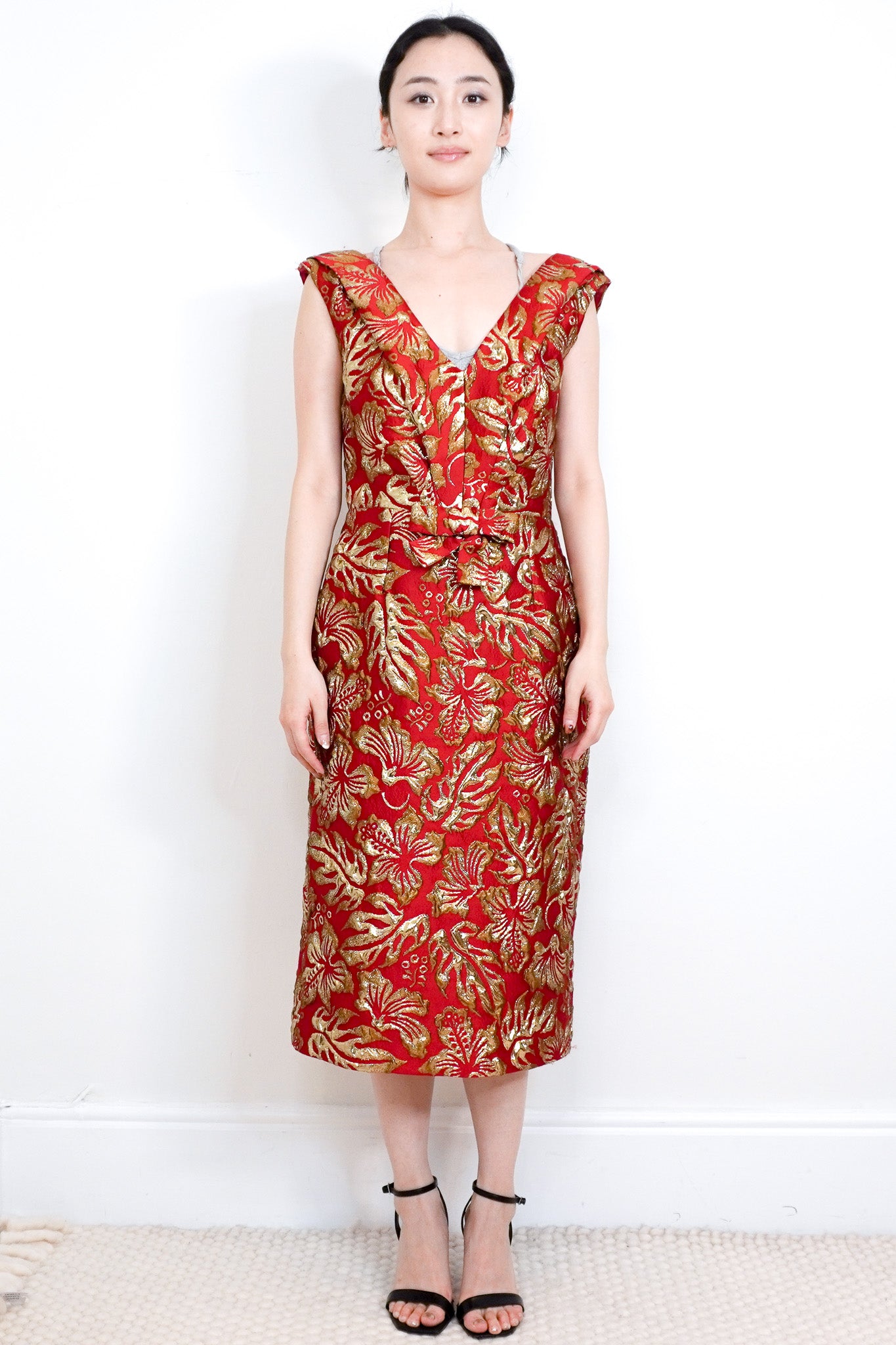 NEW-Prada-Red-and-Gold-Cloquet-Ibiscus-Jacquard-Dress
