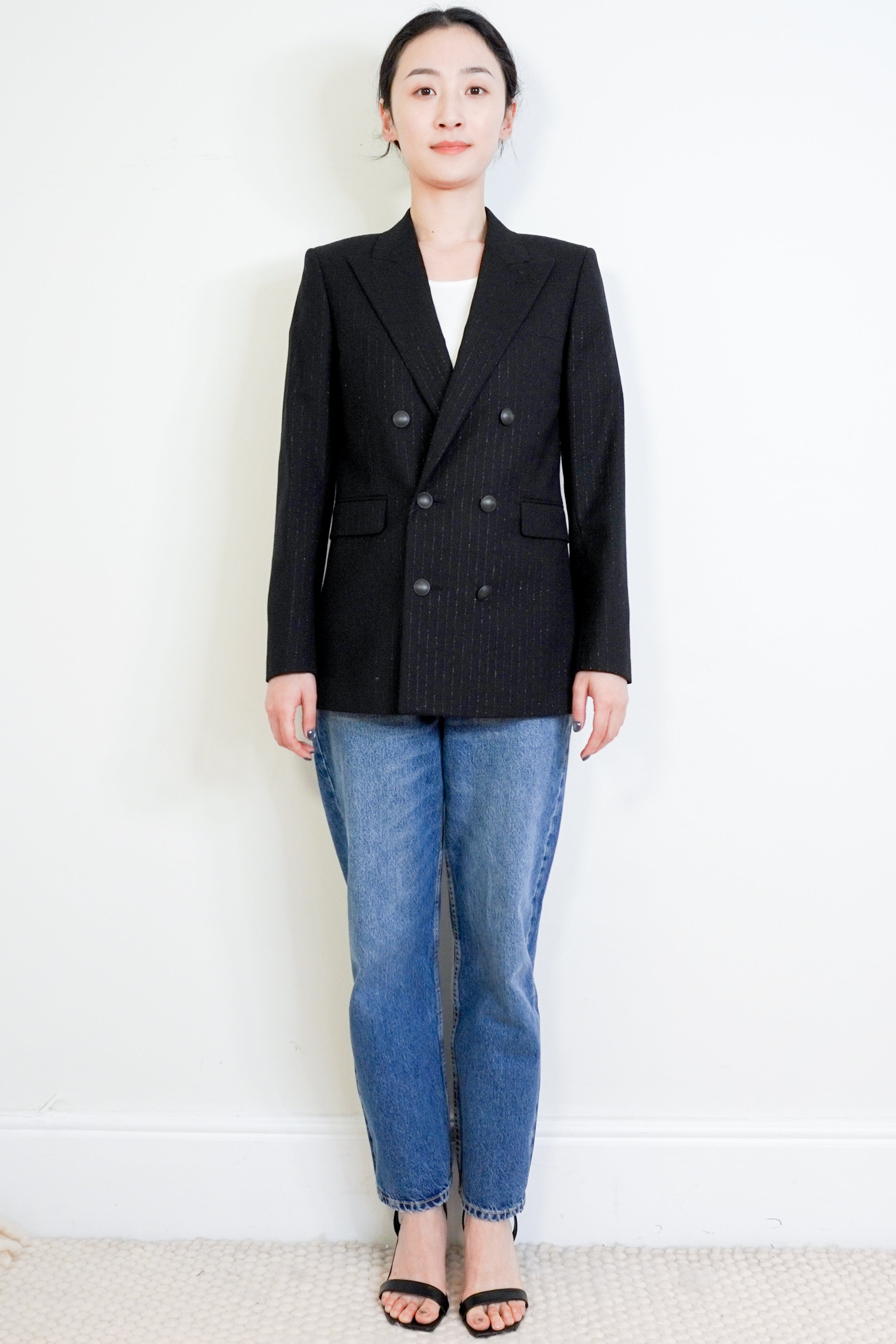 NEW-Saint-Laurent-Black-Glitter-Pinstripe-Blazer-front-picture-Chelsea-London