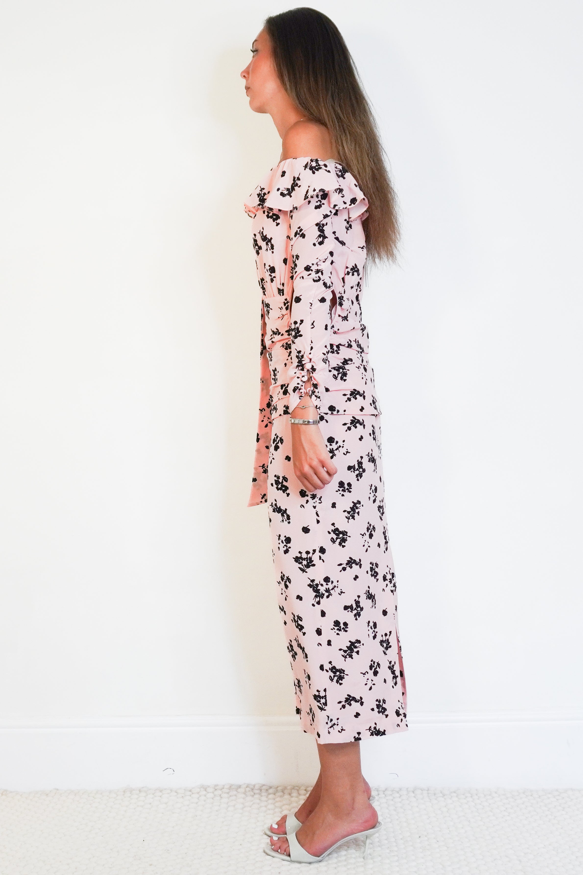 NEW Alessandra Rich Rose Print Silk Off The Shoulder Dress side photo chelsea london