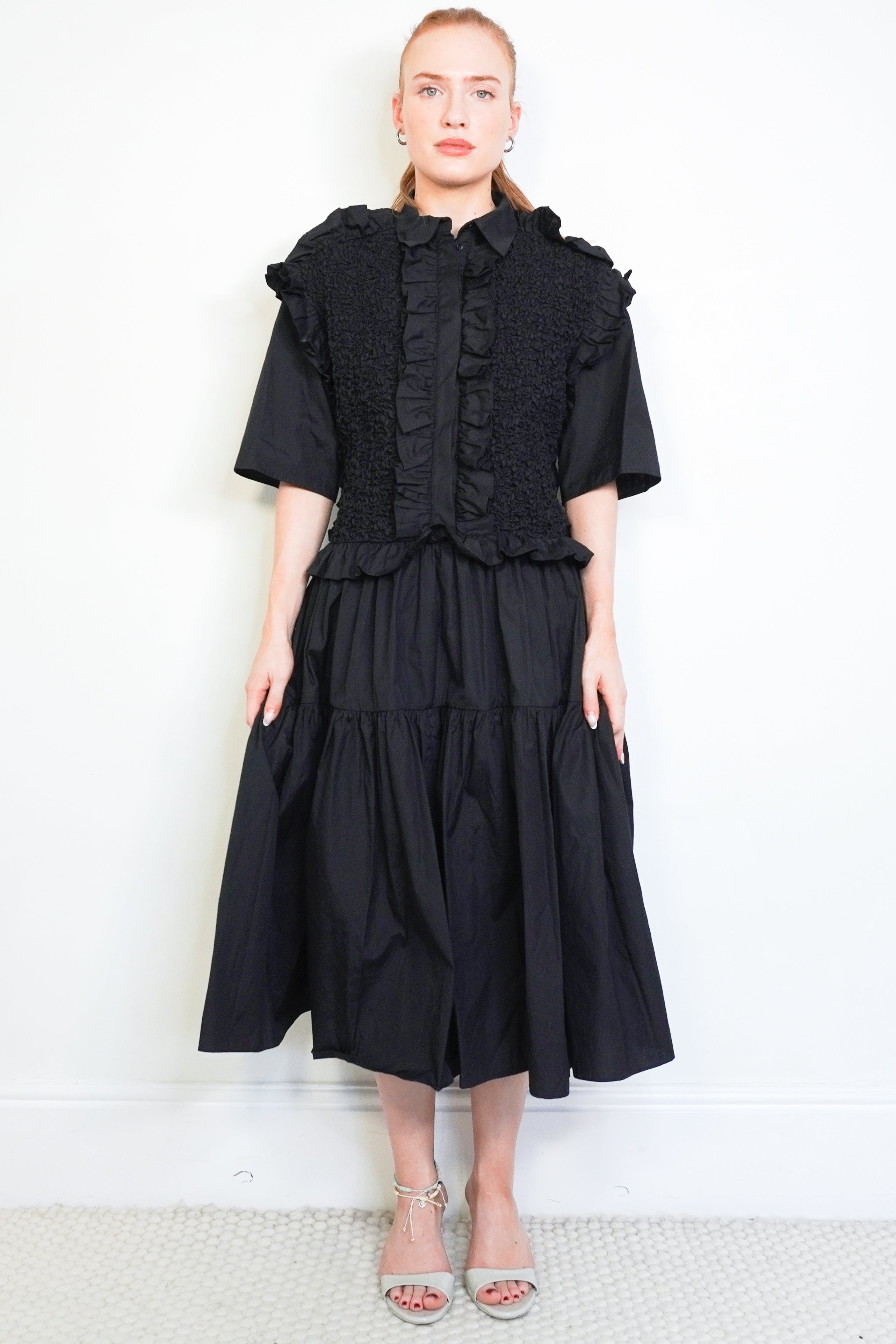 NEW Cecilie Bahnsen Black Lydia Cotton Midi Dress front photo chelsea london