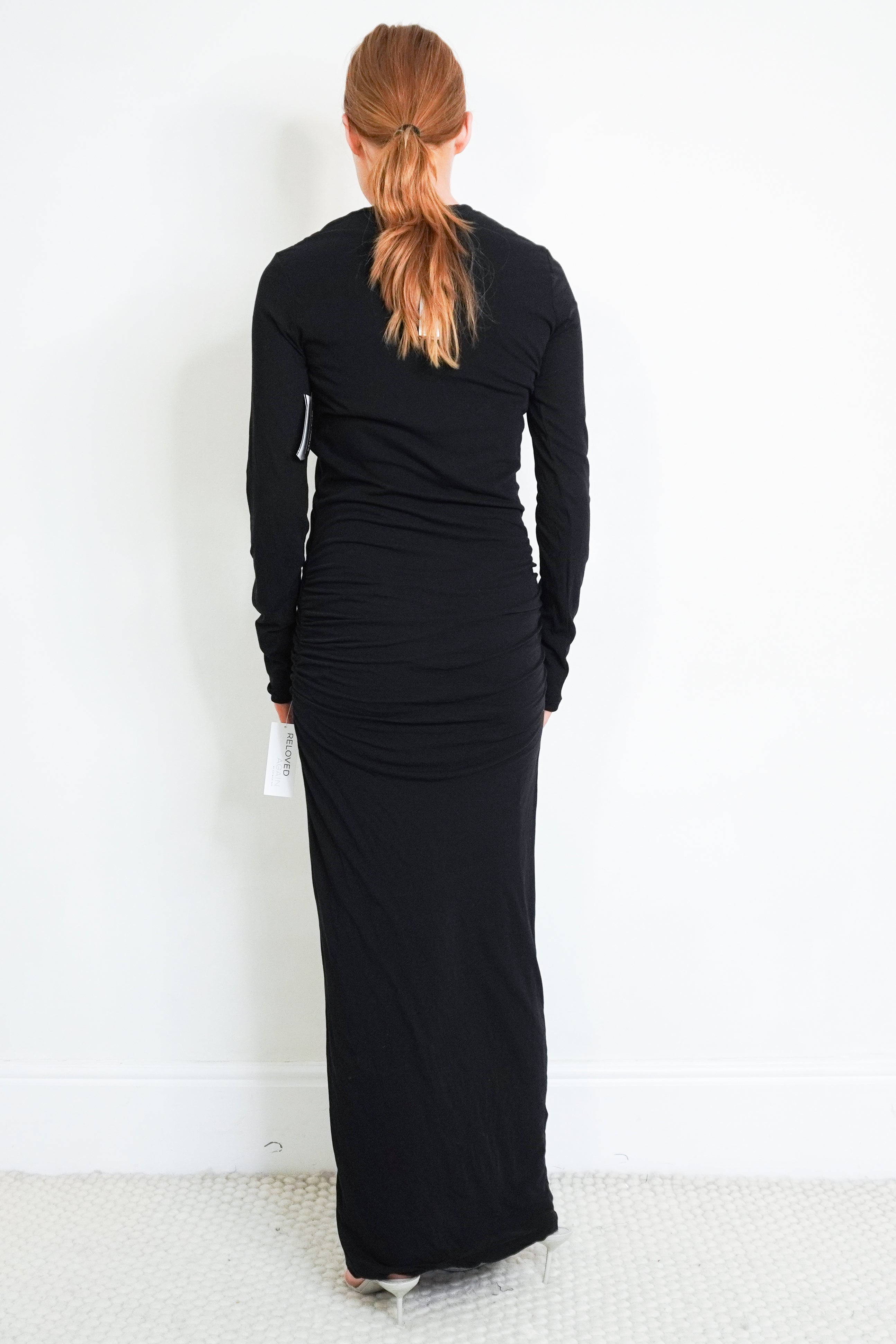 NEW James Perse Black Ruched Long Sleeve Maxi Dress back photo chelsea london