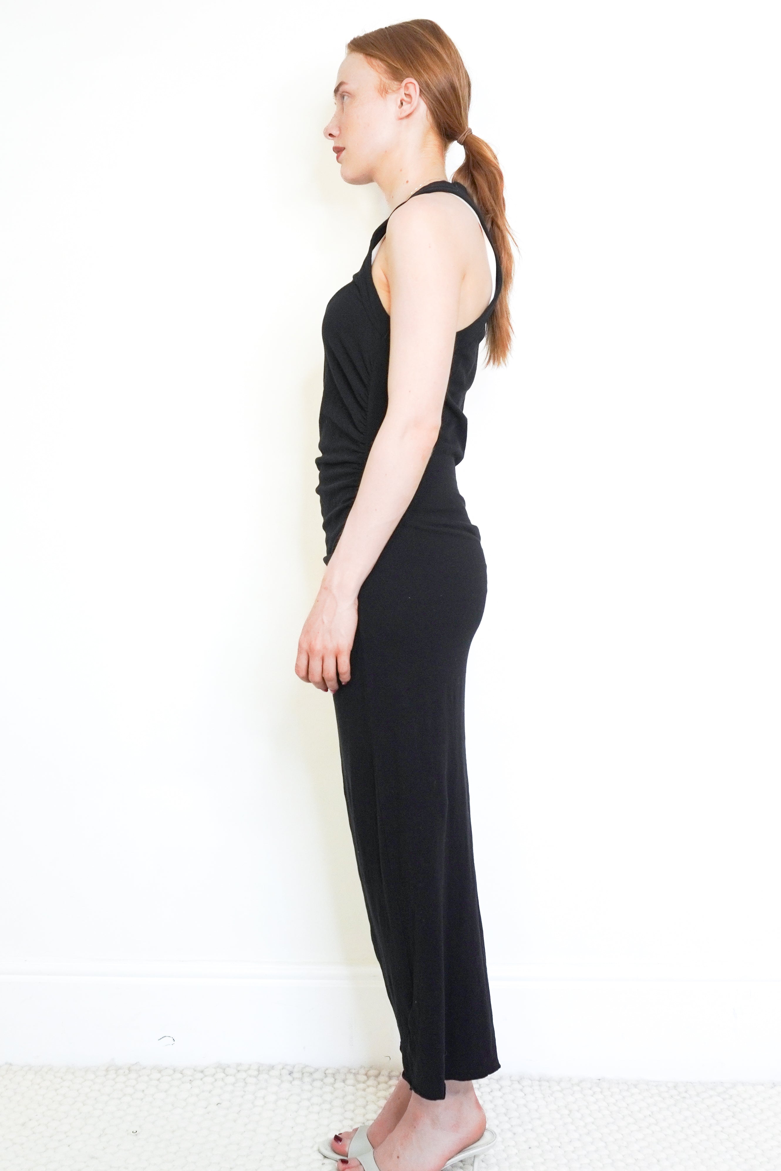 NEW James Perse Black Ruched Racerback Maxi Dress side photo chelsea london