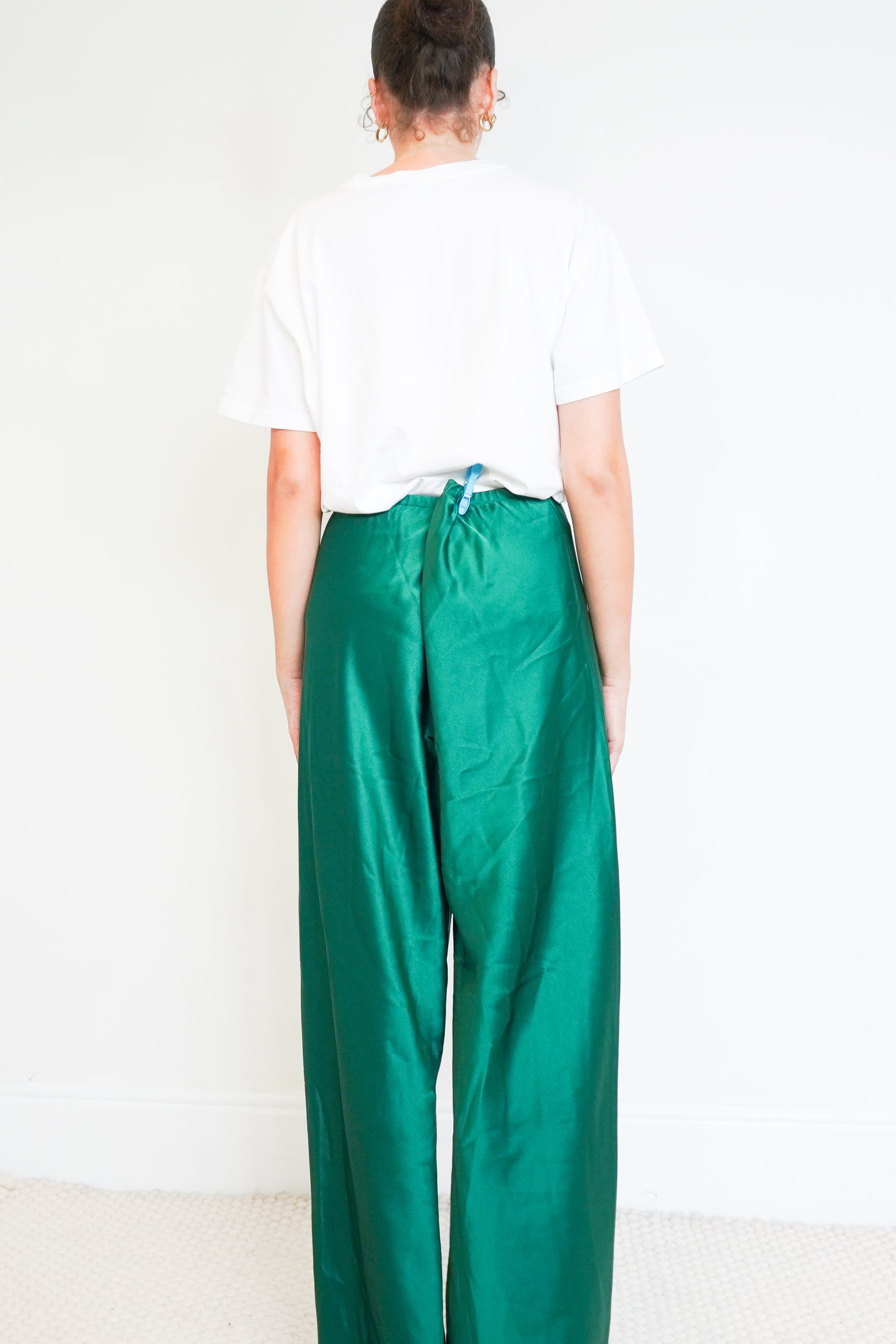NEW La Ligne Green Satin Trousers back photo chelsea london