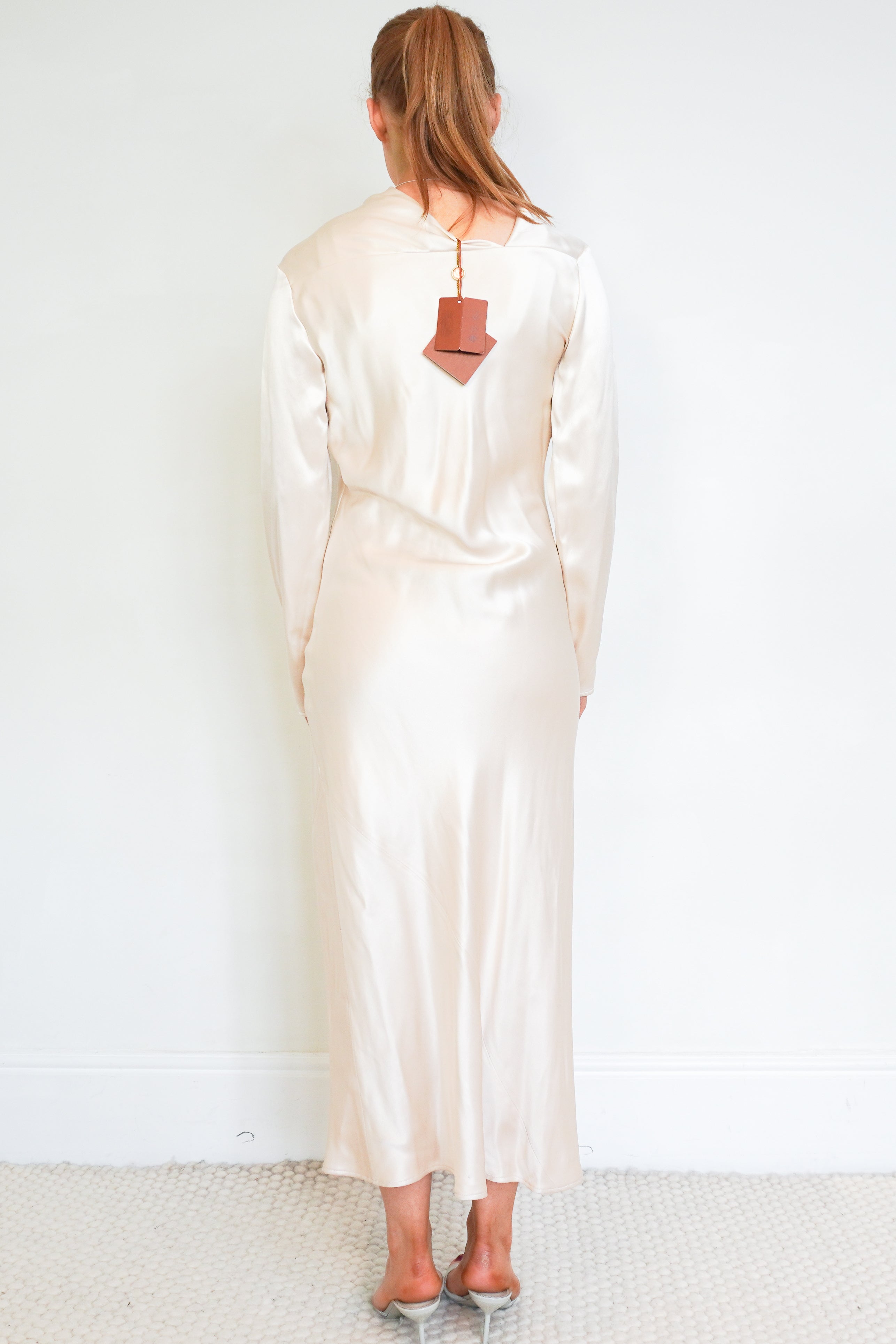 NEW Loro Piana Abito Vera Double Satin Cream Midi Dress back photo chelsea london