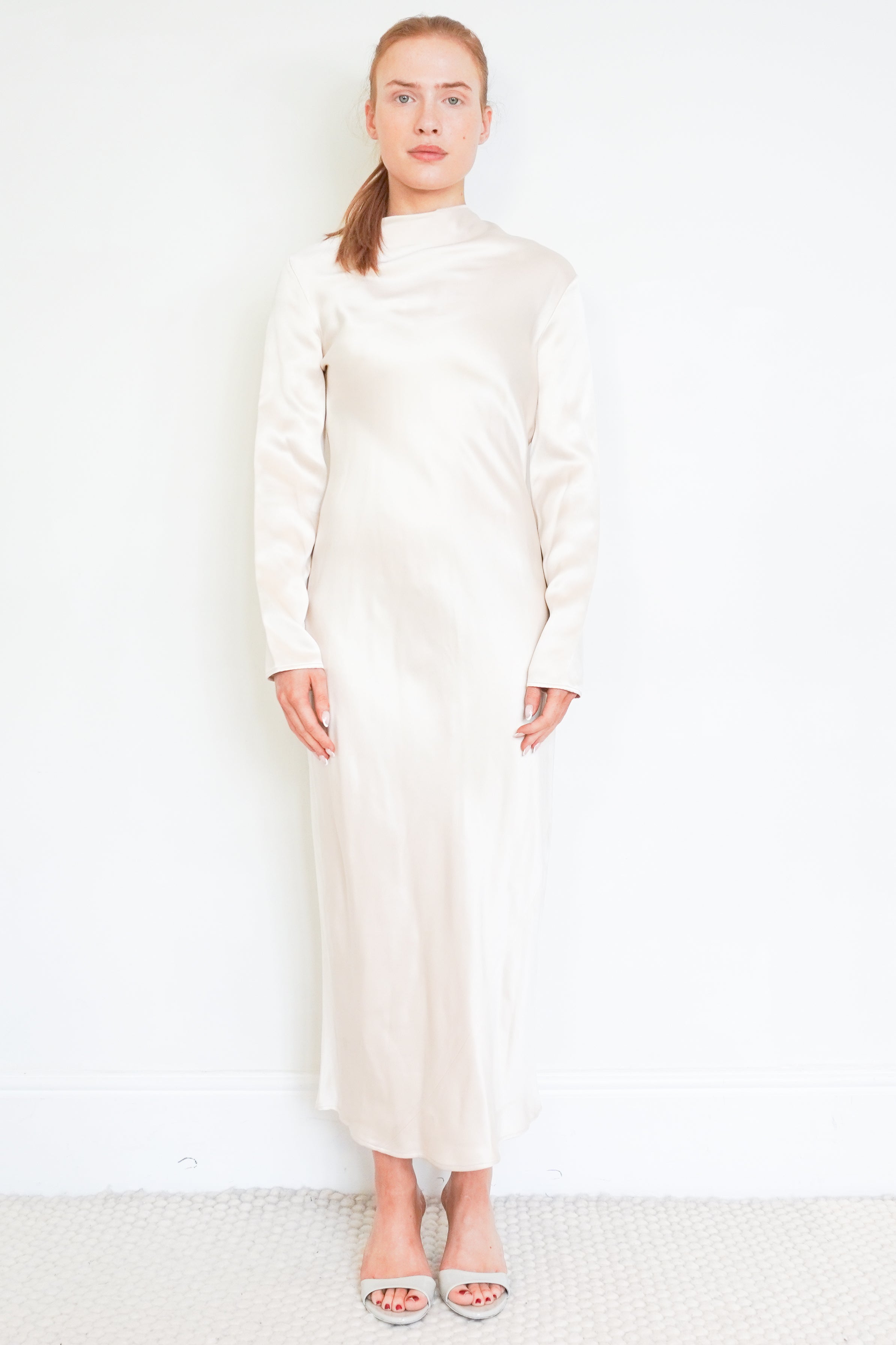 NEW Loro Piana Abito Vera Double Satin Cream Midi Dress front photo chelsea london