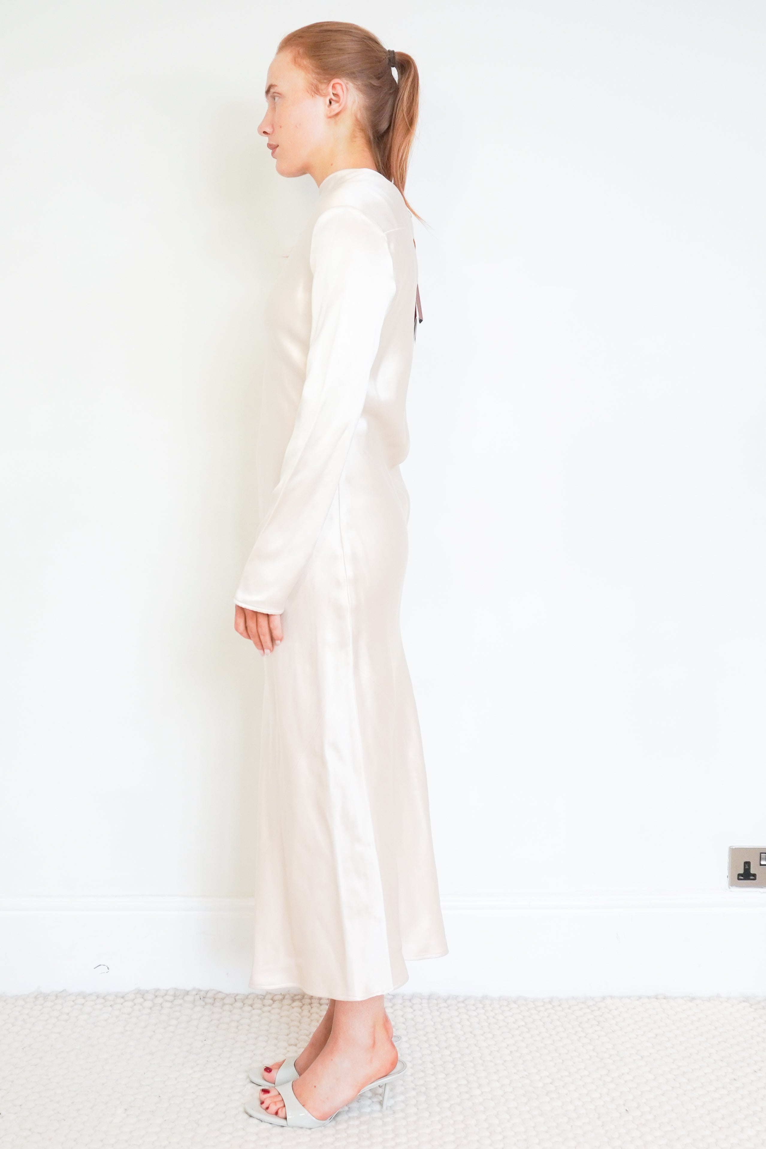 NEW Loro Piana Abito Vera Double Satin Cream Midi Dress side photo chelsea london