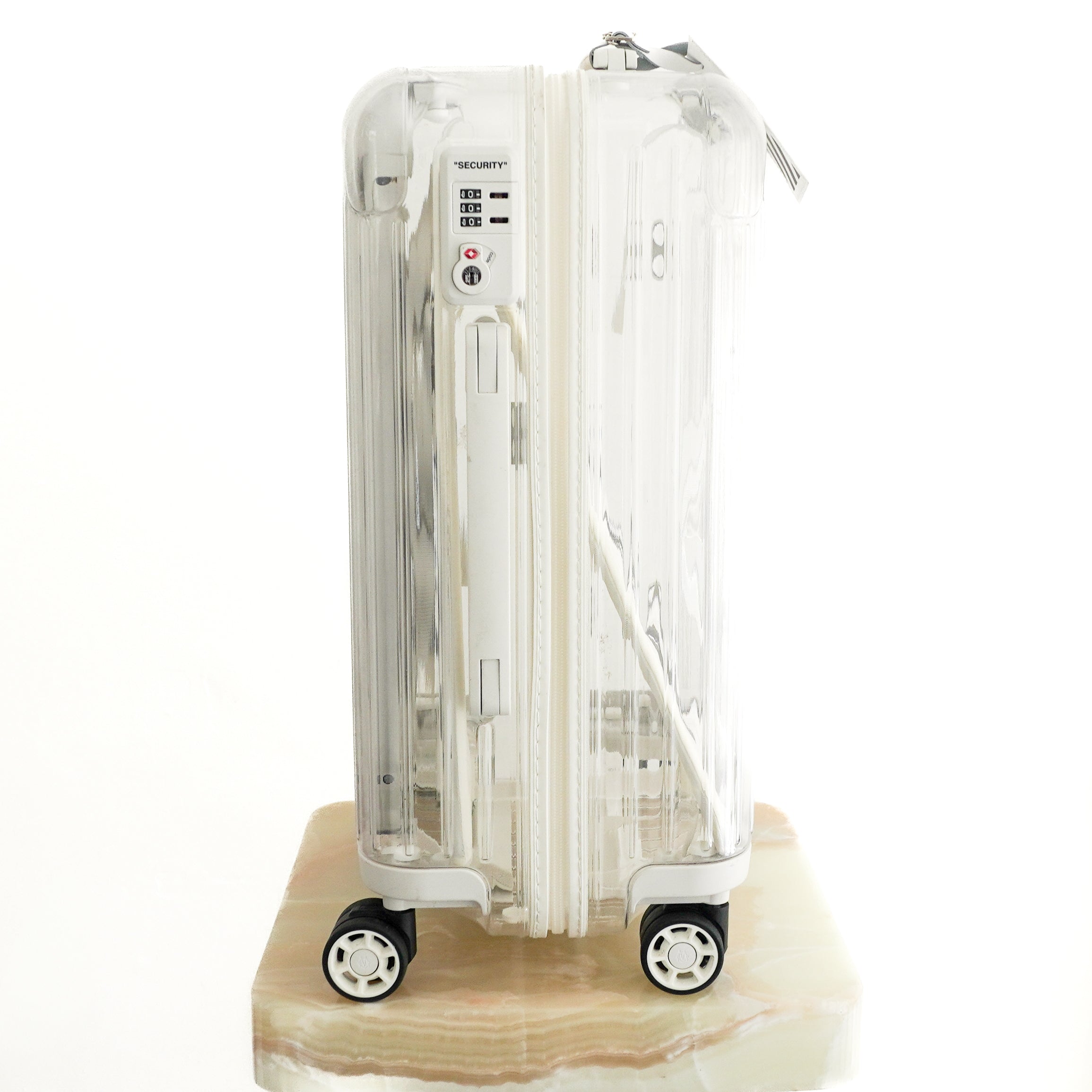 NEW Off-White™ x RIMOWA "See Through" Cabin Multiwheel Suitcase in White side photo chelsea london