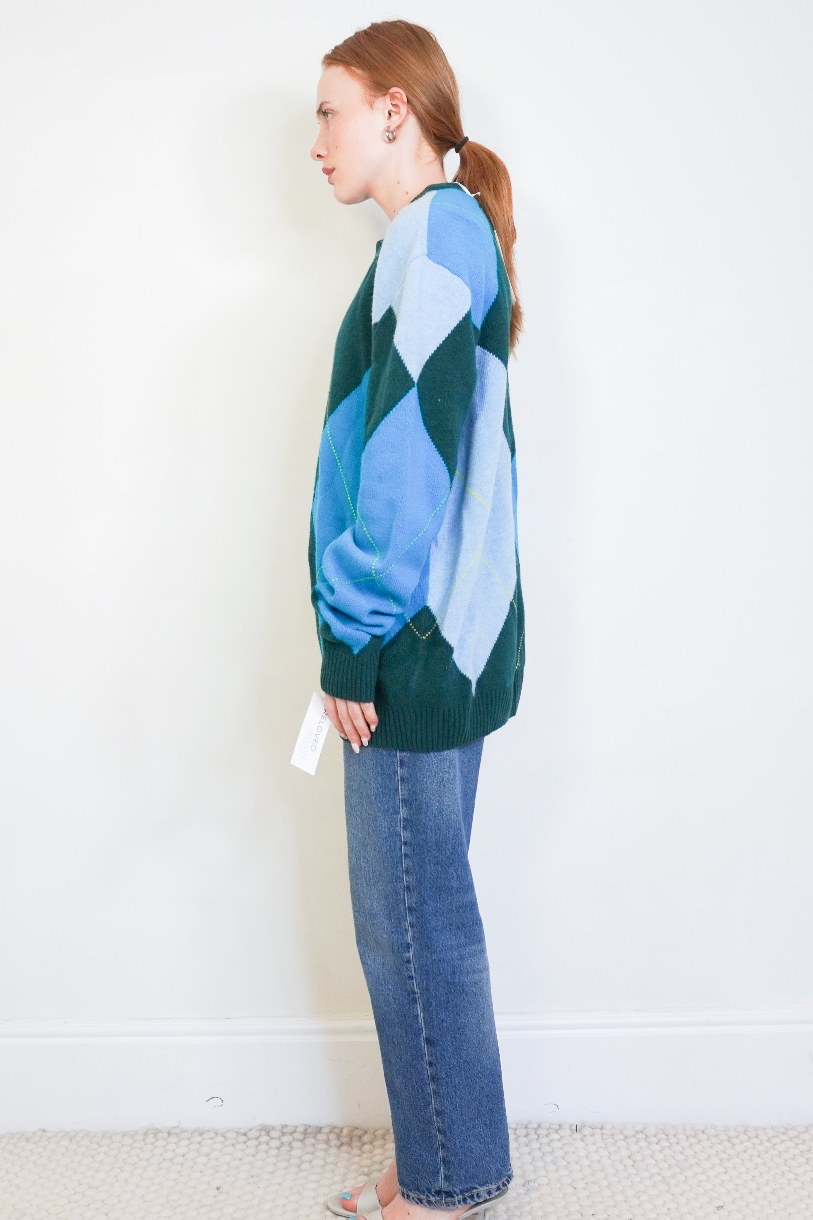 NEW Pringle of Scotland Reissued Large Scale Argyle Jumper in Green & Blue side photo chelsea london