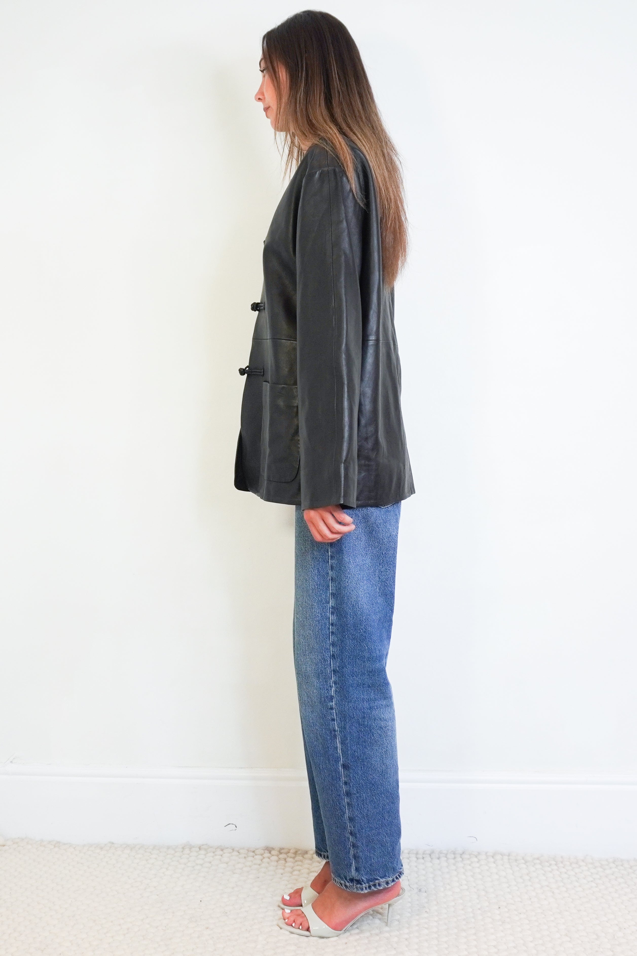 NEW Róhe Mandarin Closure Leather Jacket in Black side photo chelsea london