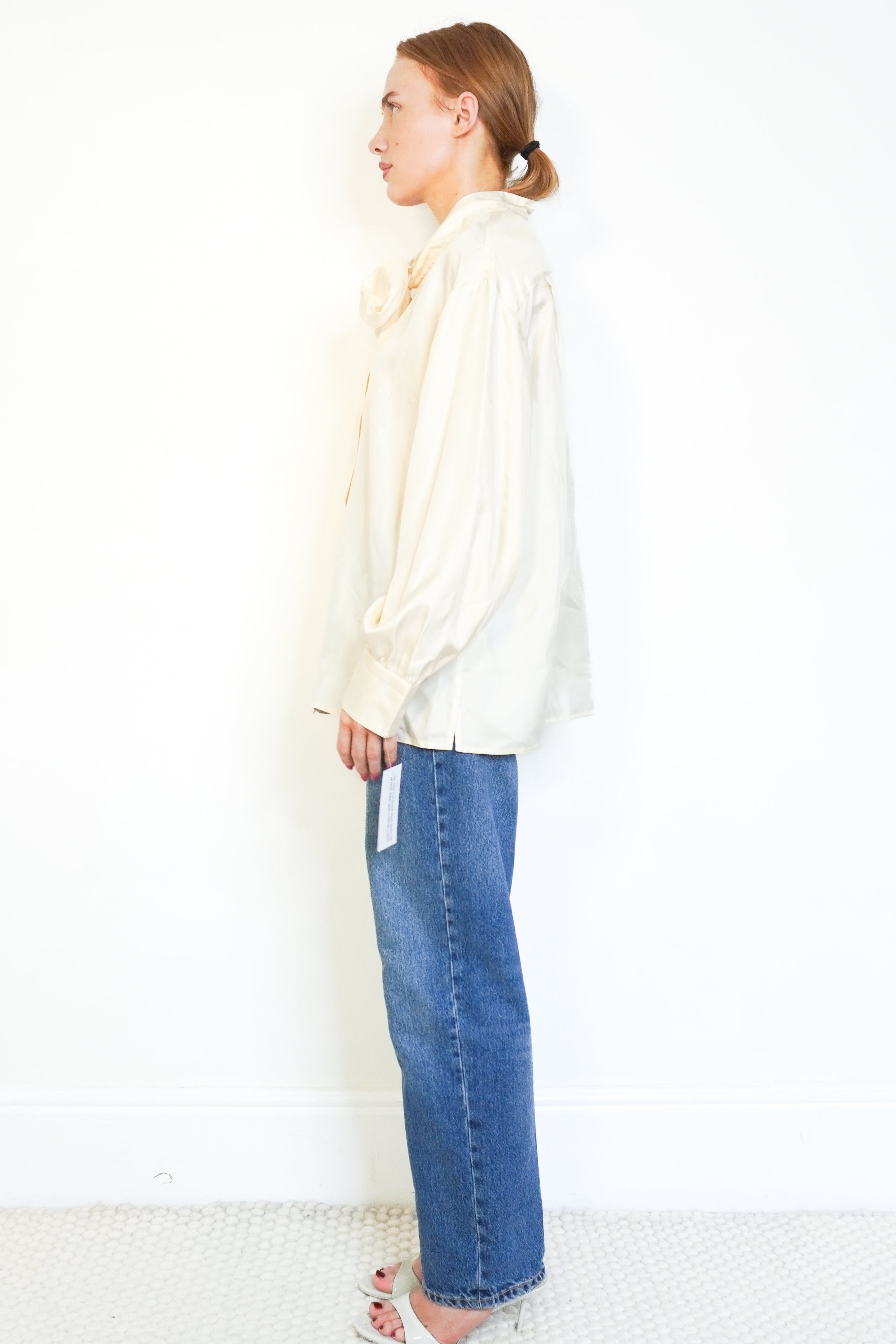 NEW Tory Burch Ivory Silk Bow Blouse side photo chelsea london