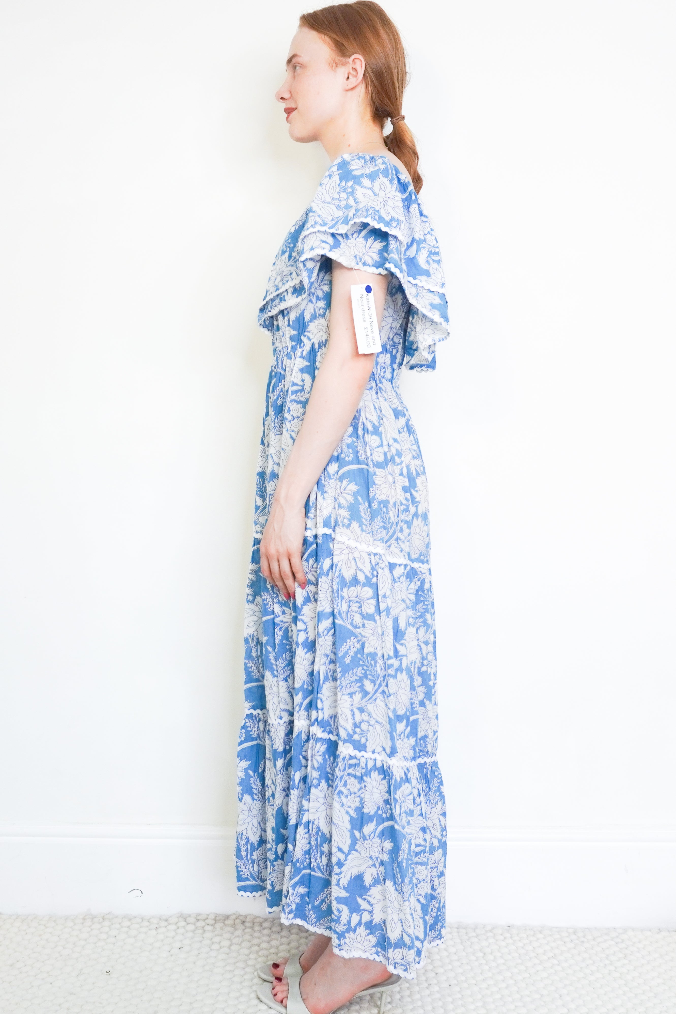 Neve & Noor Lottie Blue Meadow Floral Cotton Maxi Dress side photo chelsea london