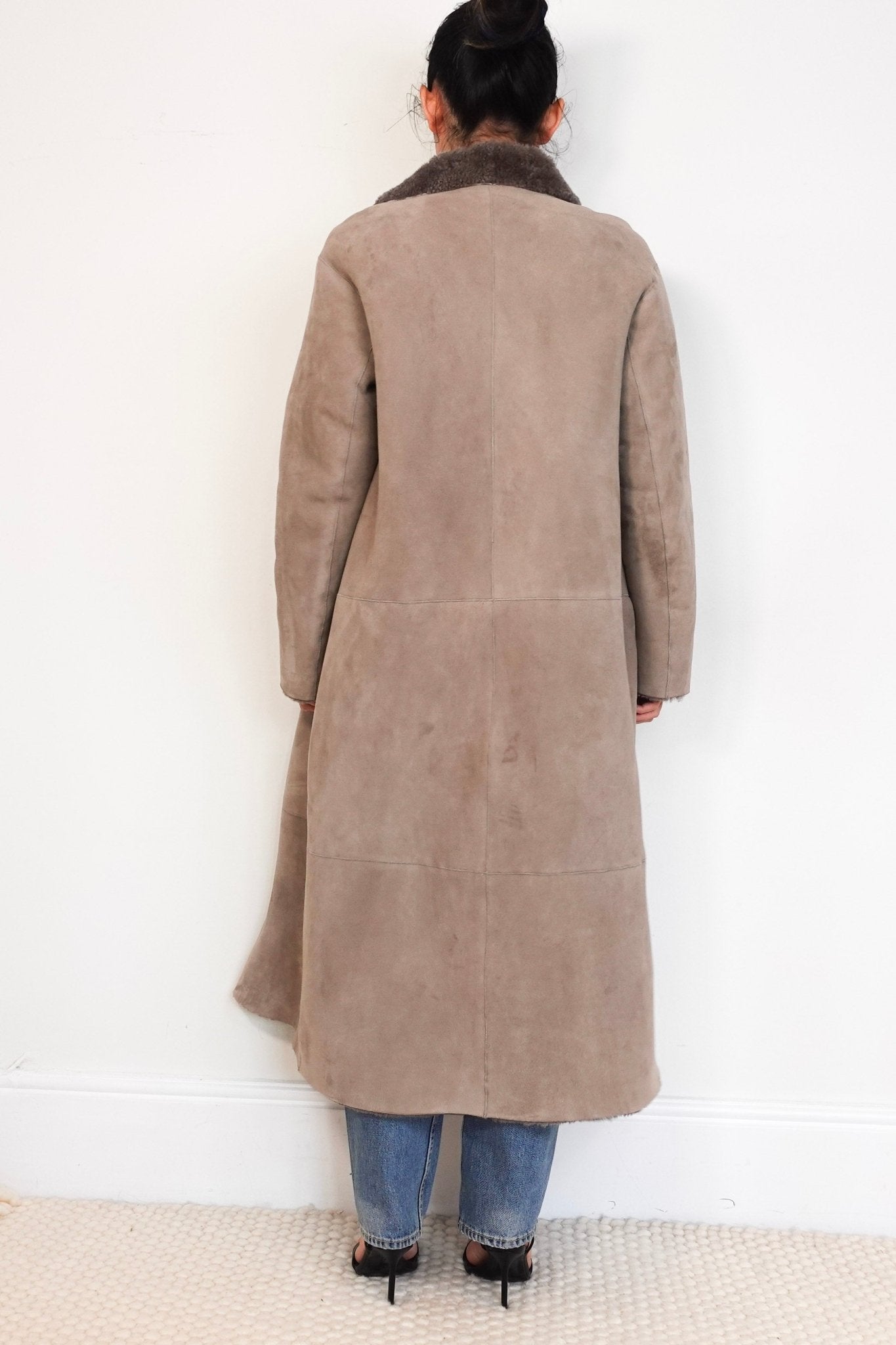 Nour Hammour Taupe Grey Sheepskin Maxi Coat RRP £2000 | Authentic Preloved - Reloved Again