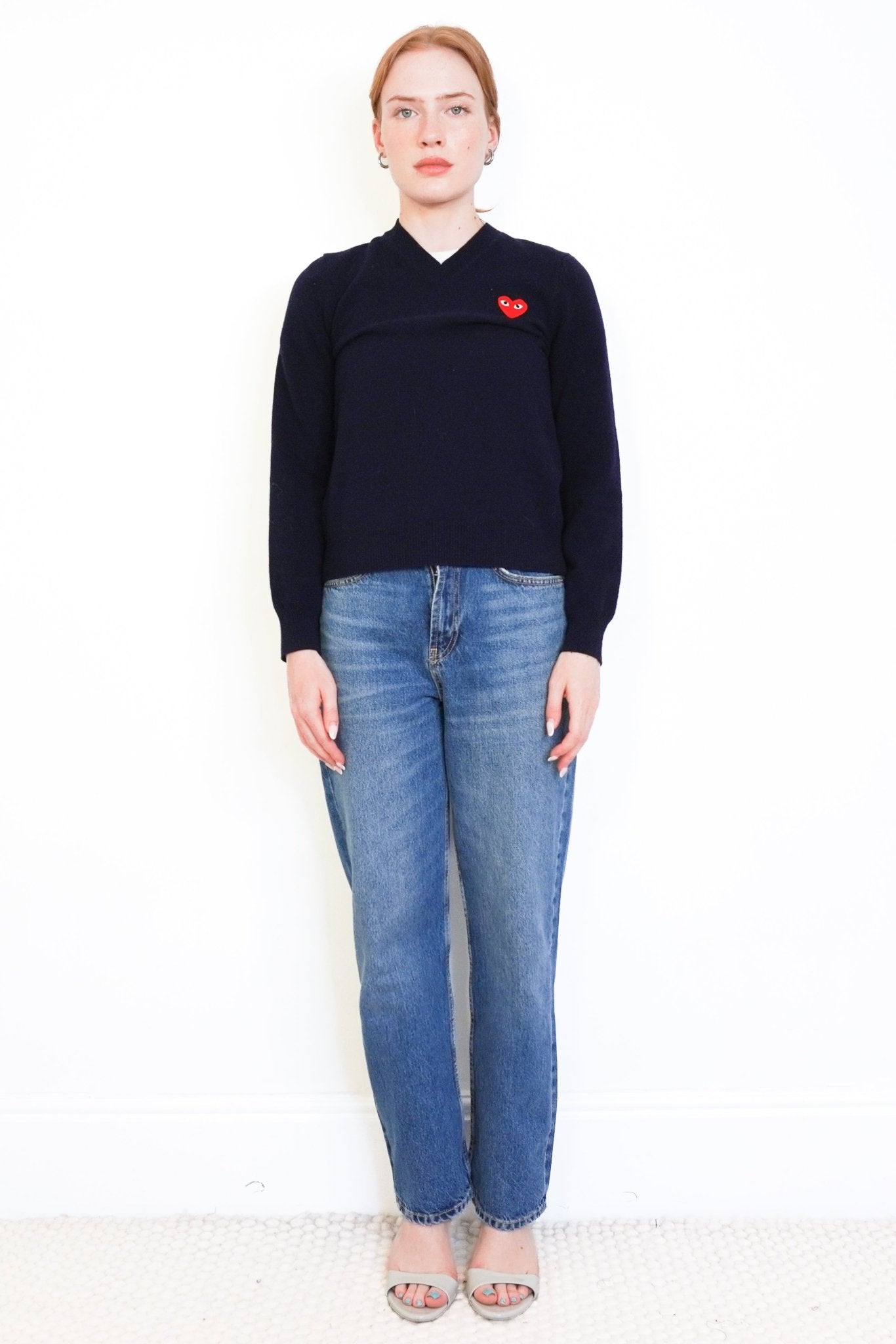 PLAY Comme des Garçons Navy & Red Heart Wool Jumper (RRP £250) | Authentic Preloved - Reloved Again