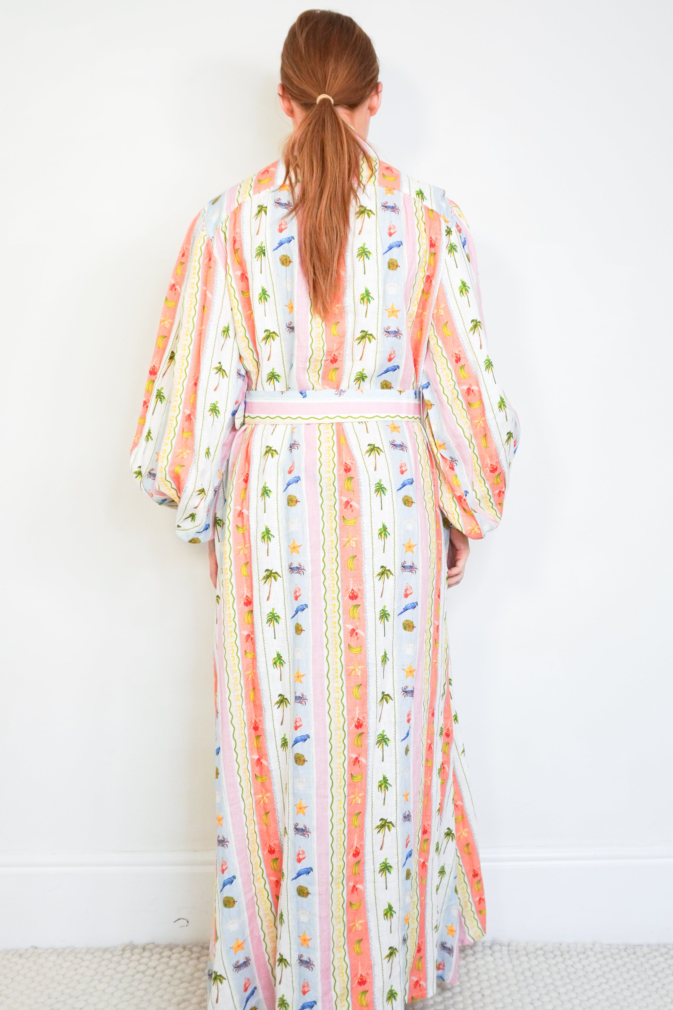 Palm. Noosa Blue, Pink and White Palm Tree Linen Dress back photo chelsea london