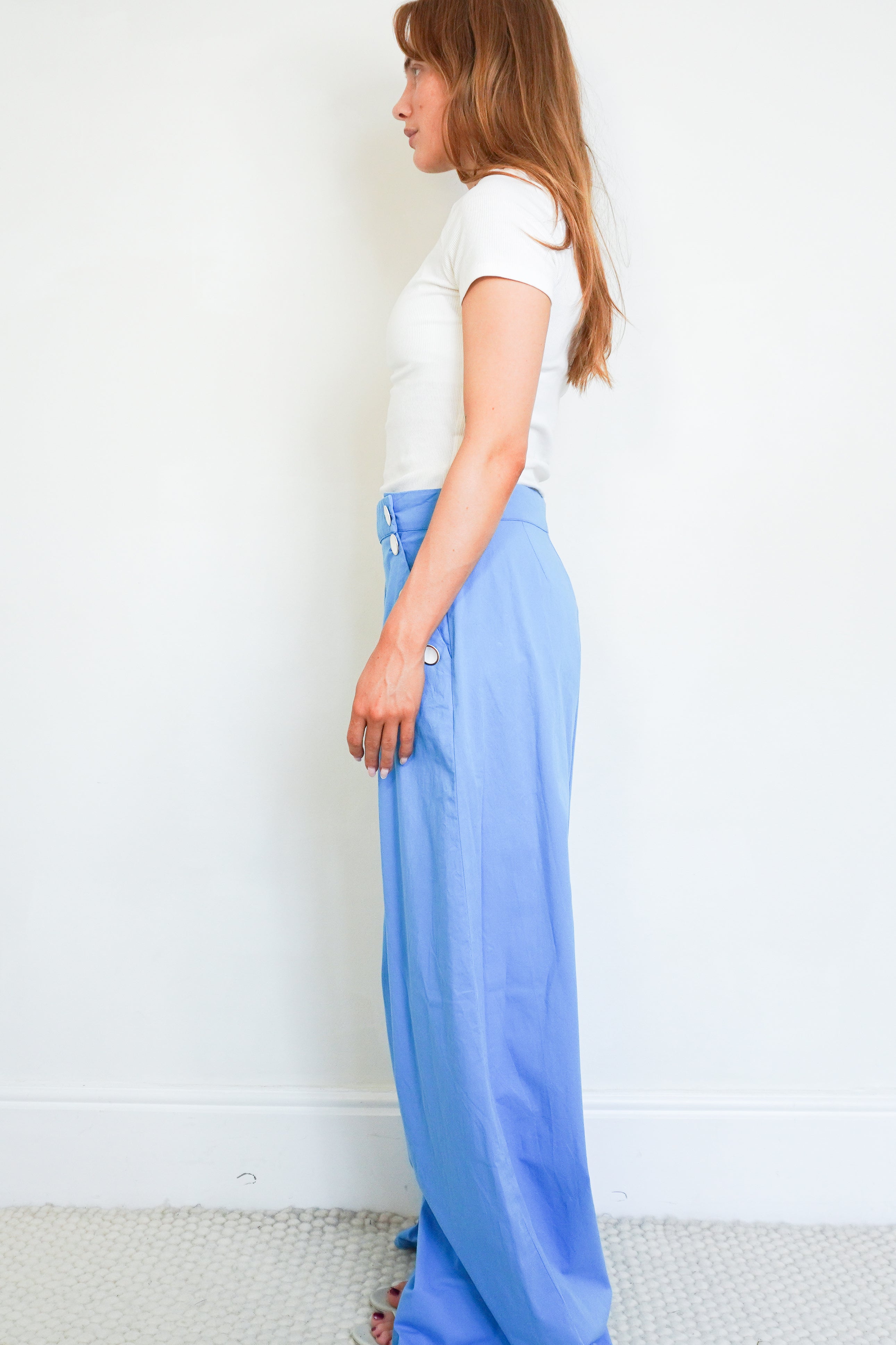 Paolita Powder Blue Wide Leg Cotton Trousers side photo chelsea london