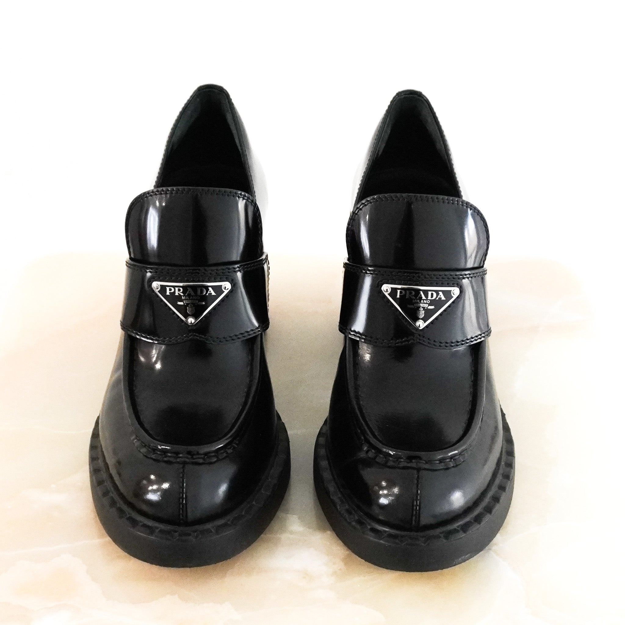 Prada-Black-Patent-Heeled-Loafers-front-photo