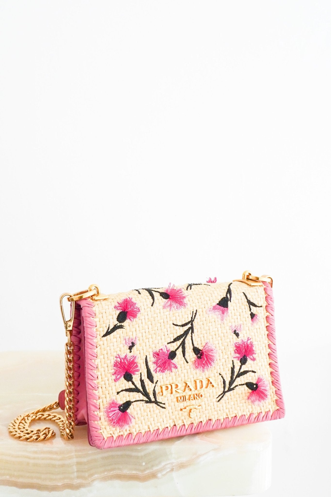 Prada Pink Floral Raffia Paglia Ricamo Crossbody Bag RRP £1150 | Authentic Preloved - Reloved Again