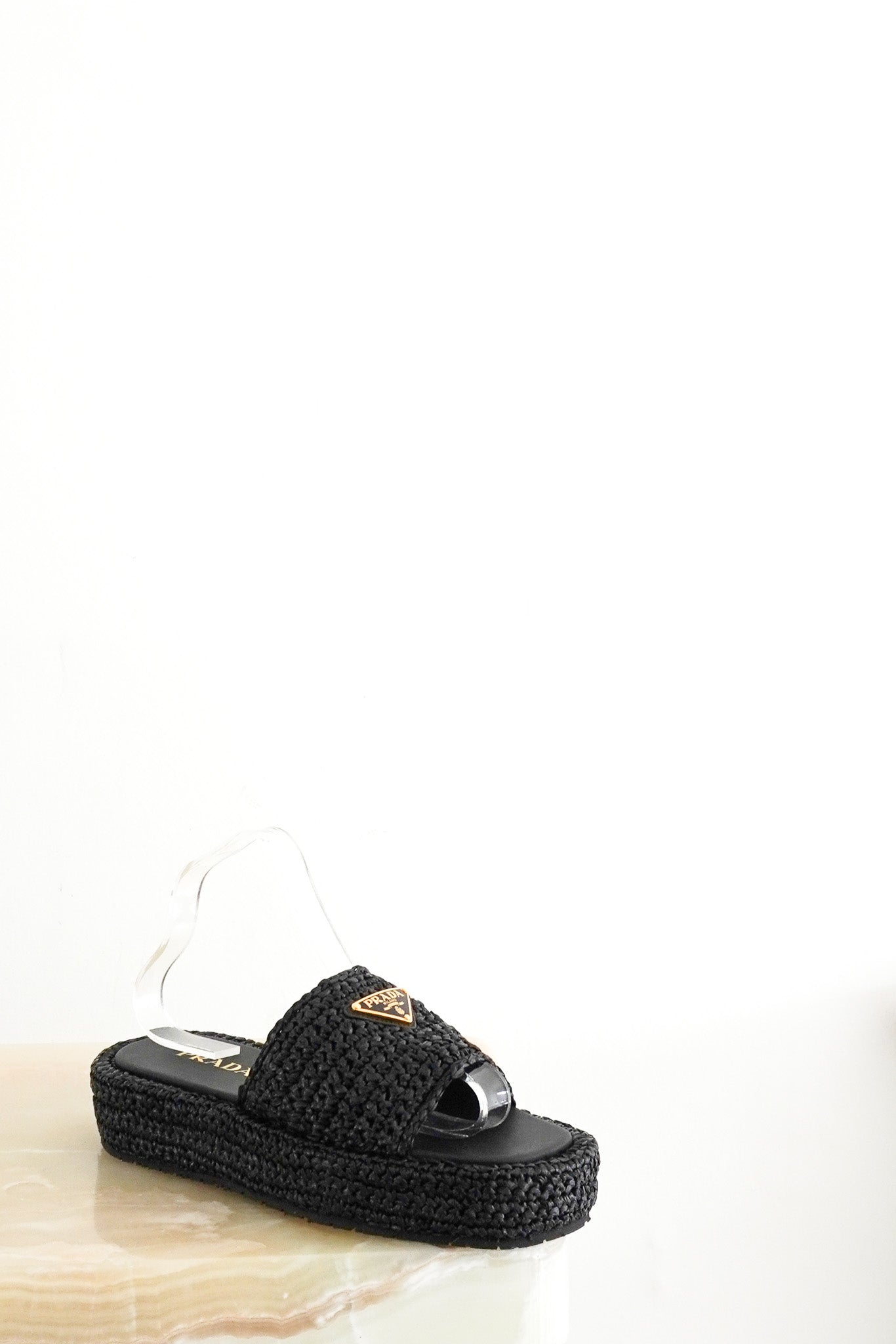 Prada Raffia Crochet Flatform Slides in Black RRP £790 | Authentic Preloved - Reloved Again