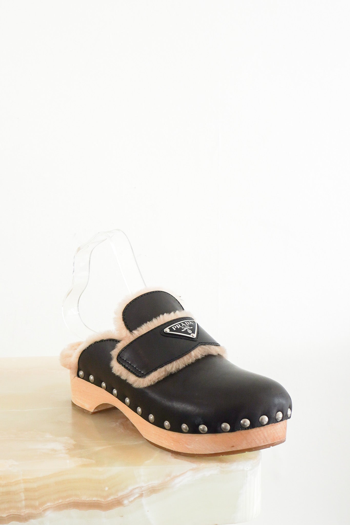 Prada Shearling Round Studded Clogs RRP £820 | Authentic Preloved - Reloved Again