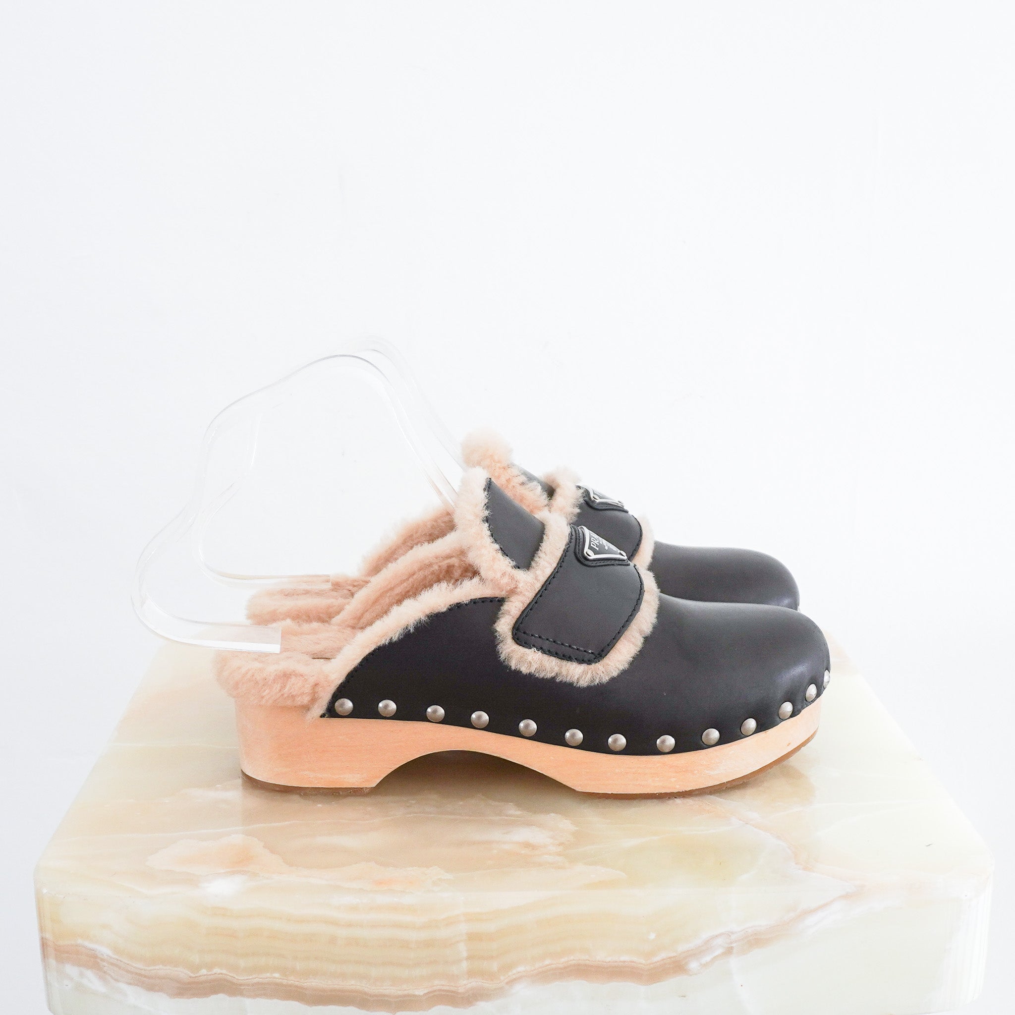 Prada Shearling Round Studded Clogs RRP £820 | Authentic Preloved - Reloved Again
