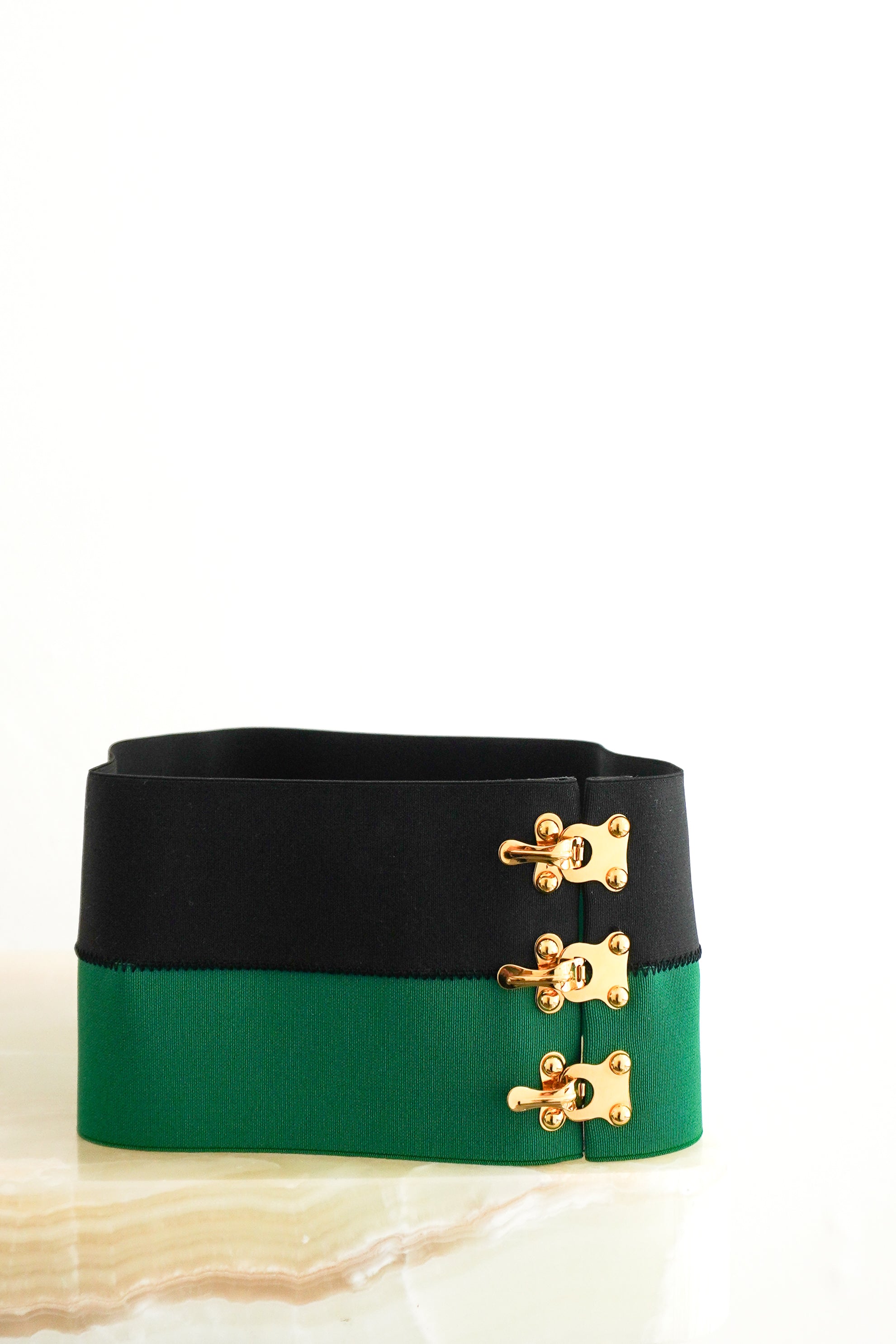 Prada Black & Green Colour-Block Elastic Corset Belt with Gold Hook Closures front photo chelsea london