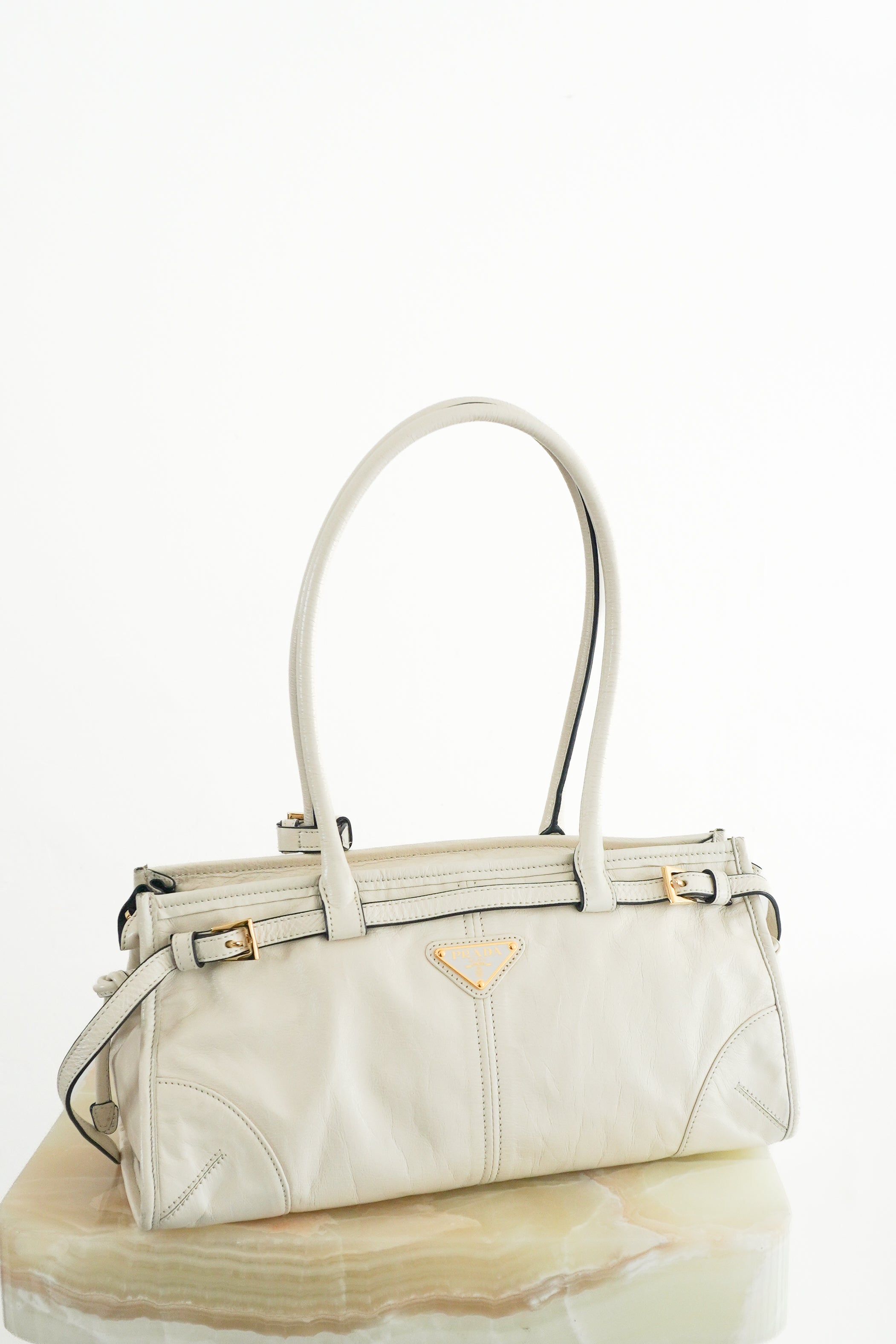 Prada Bonnie Medium Leather Handbag in White front photo chelsea london