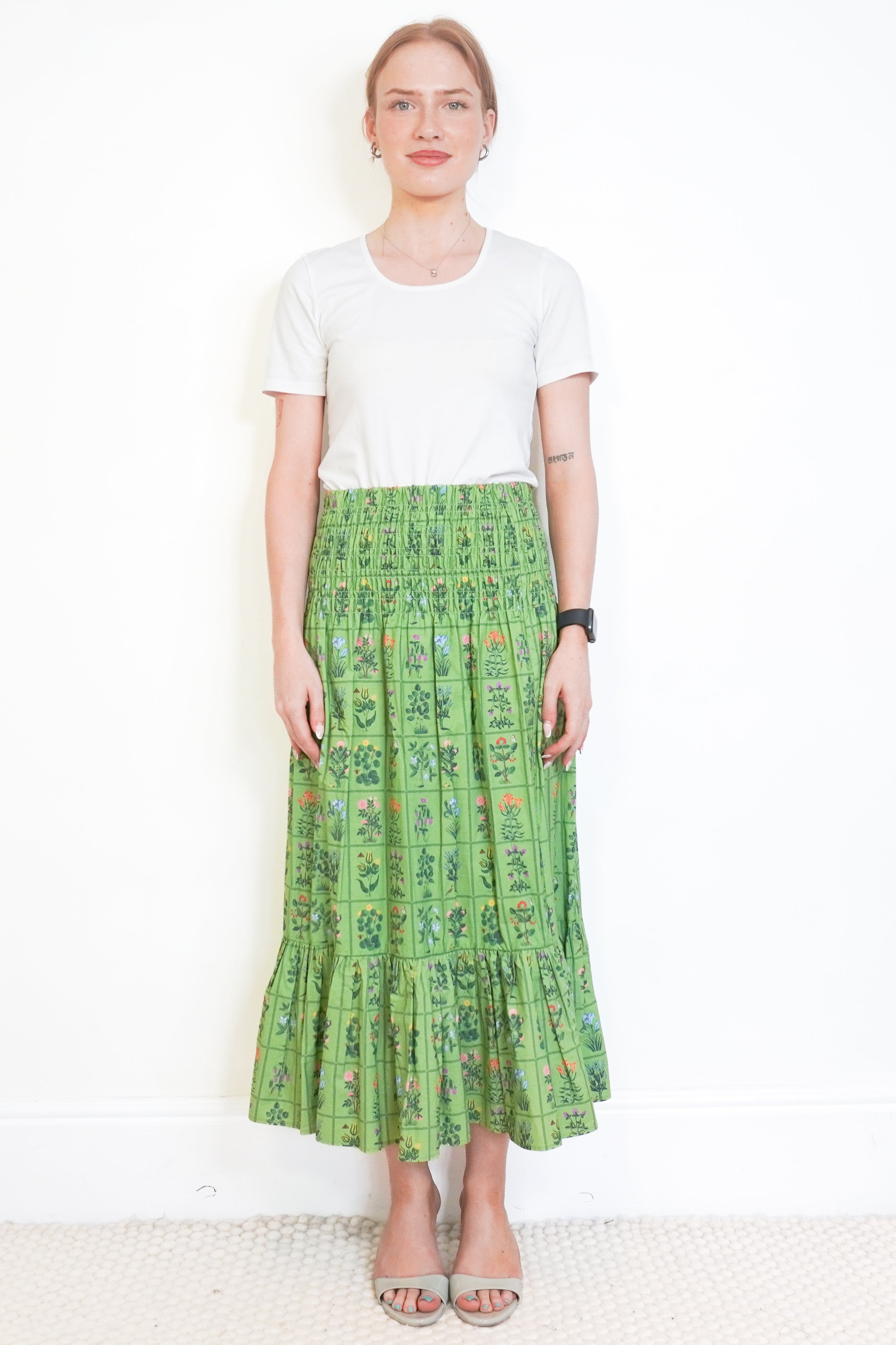 RHODE Green Floral Print Cotton Midi Skirt front photo chelsea london