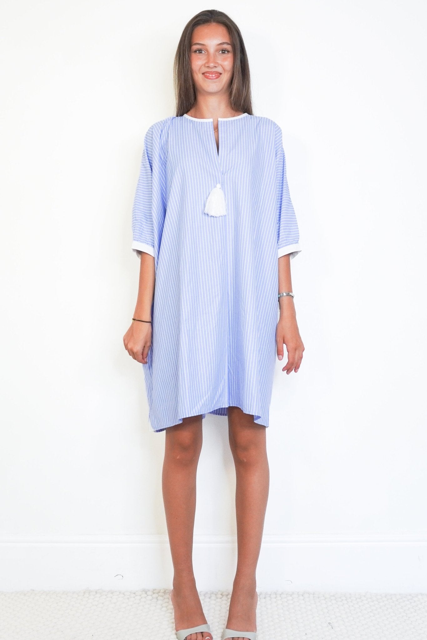 NEW Rae Feather Blue Striped Grecian Shirt Dress (RRP £110) | Authentic Preloved - Reloved Again
