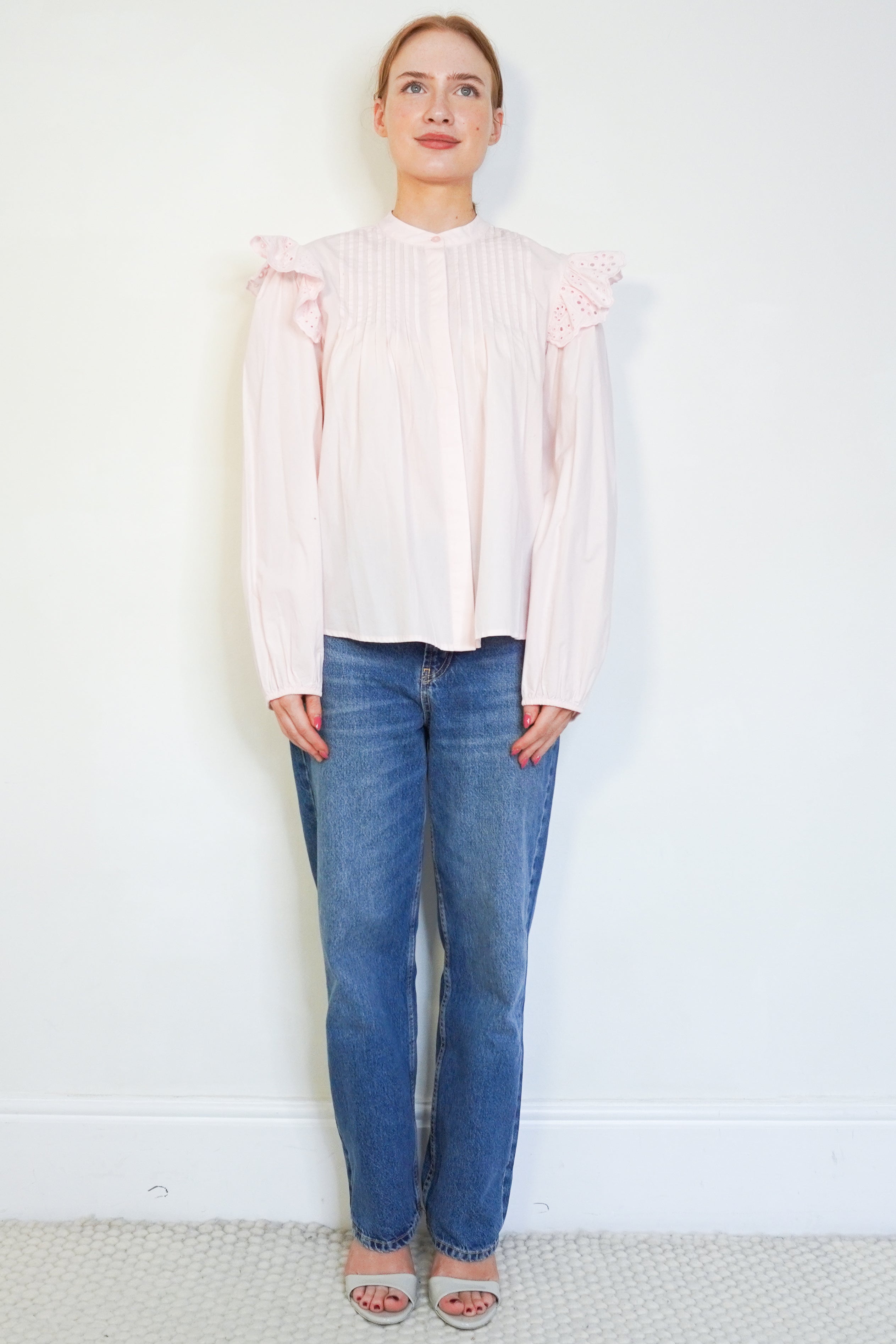 Rae Feather Light Pink Broderie Anglaise Ruffle Blouse front photo chelsea london