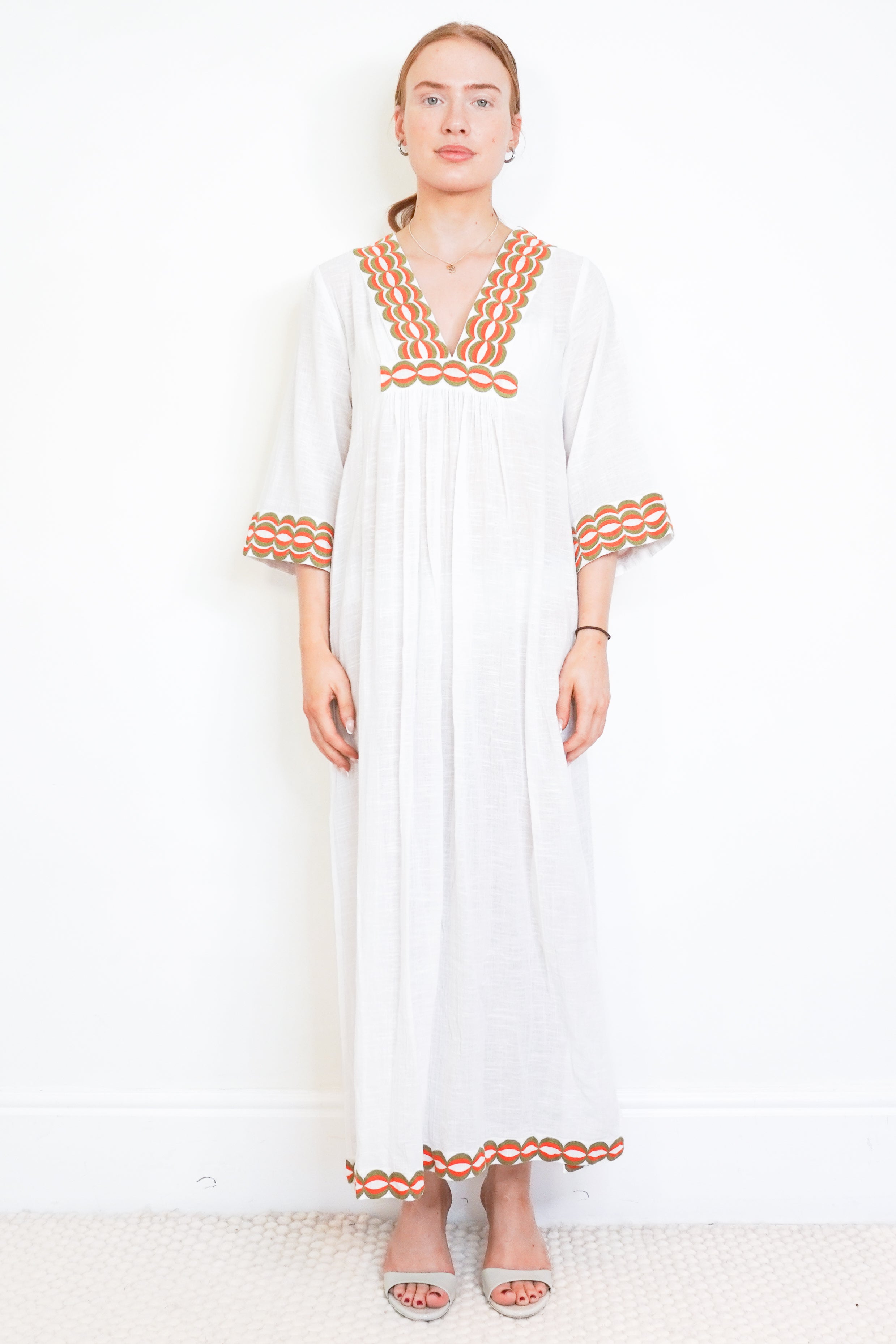 Rae Feather White Dress with Green & Orange Detail front photo chelsea london